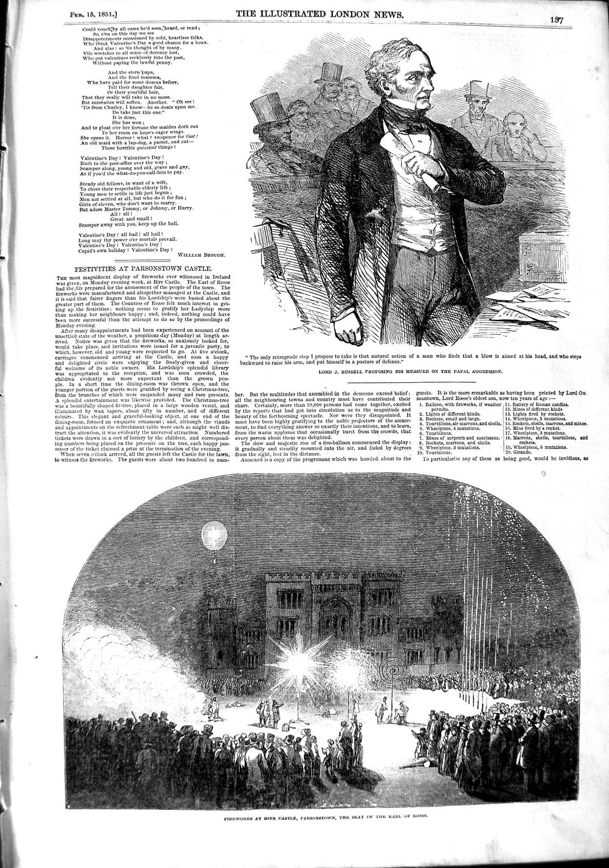 Original Old Antique Print 1851 Fireworks Birr Castle Parsonstown Rosse 19th