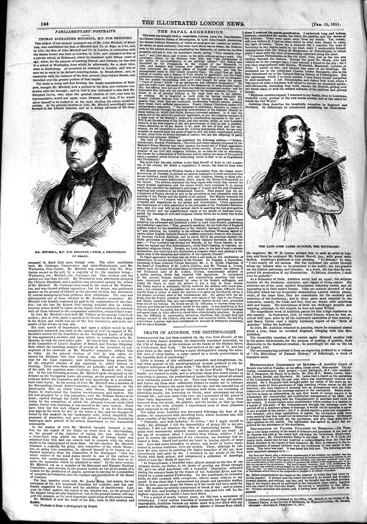 Original Old Antique Print 1851 John James Audubcn Naturalist Mitchell Bridport