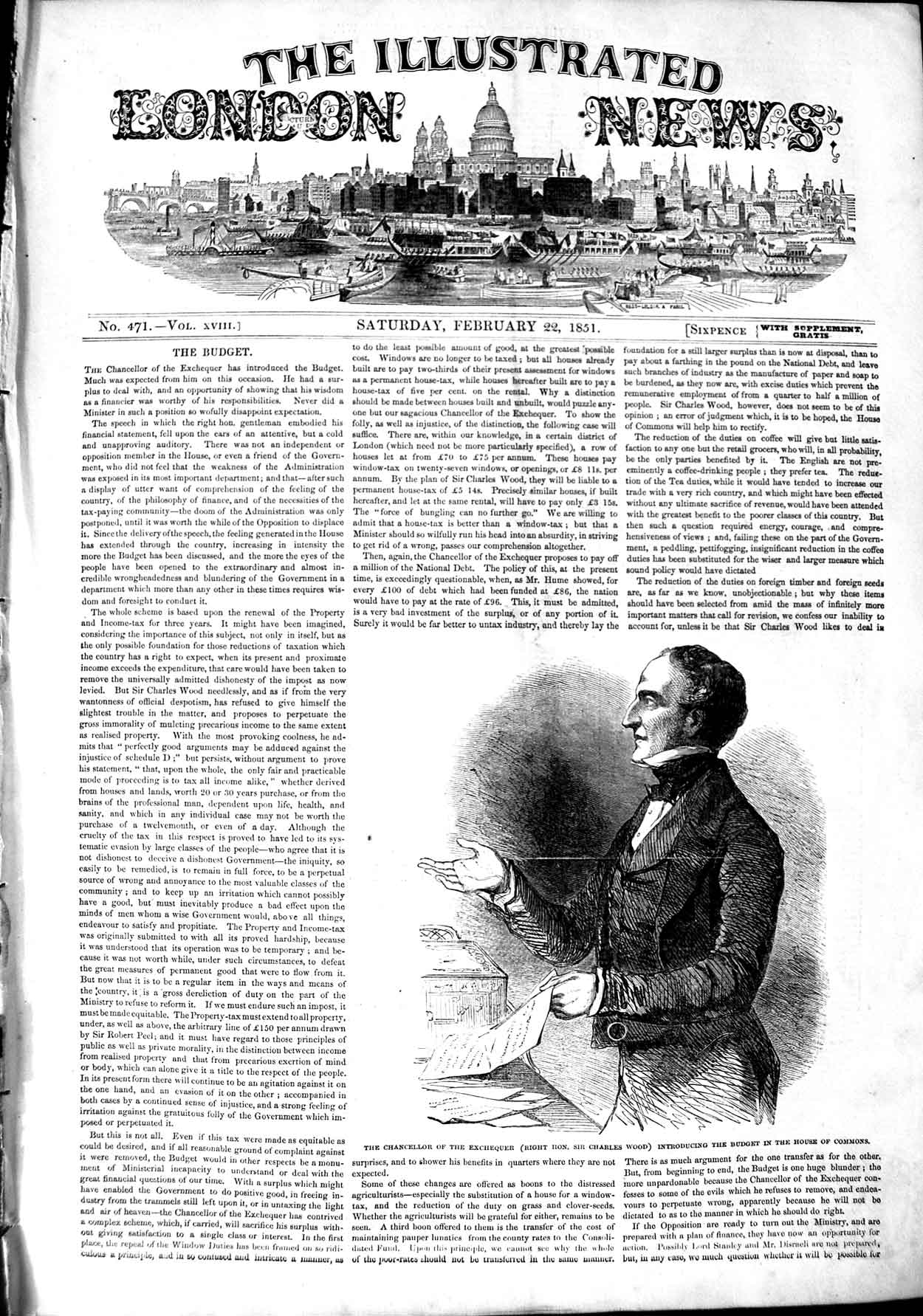 Original Old Antique Print 1851 Chancellor Exchequer Charles Wood House Commons