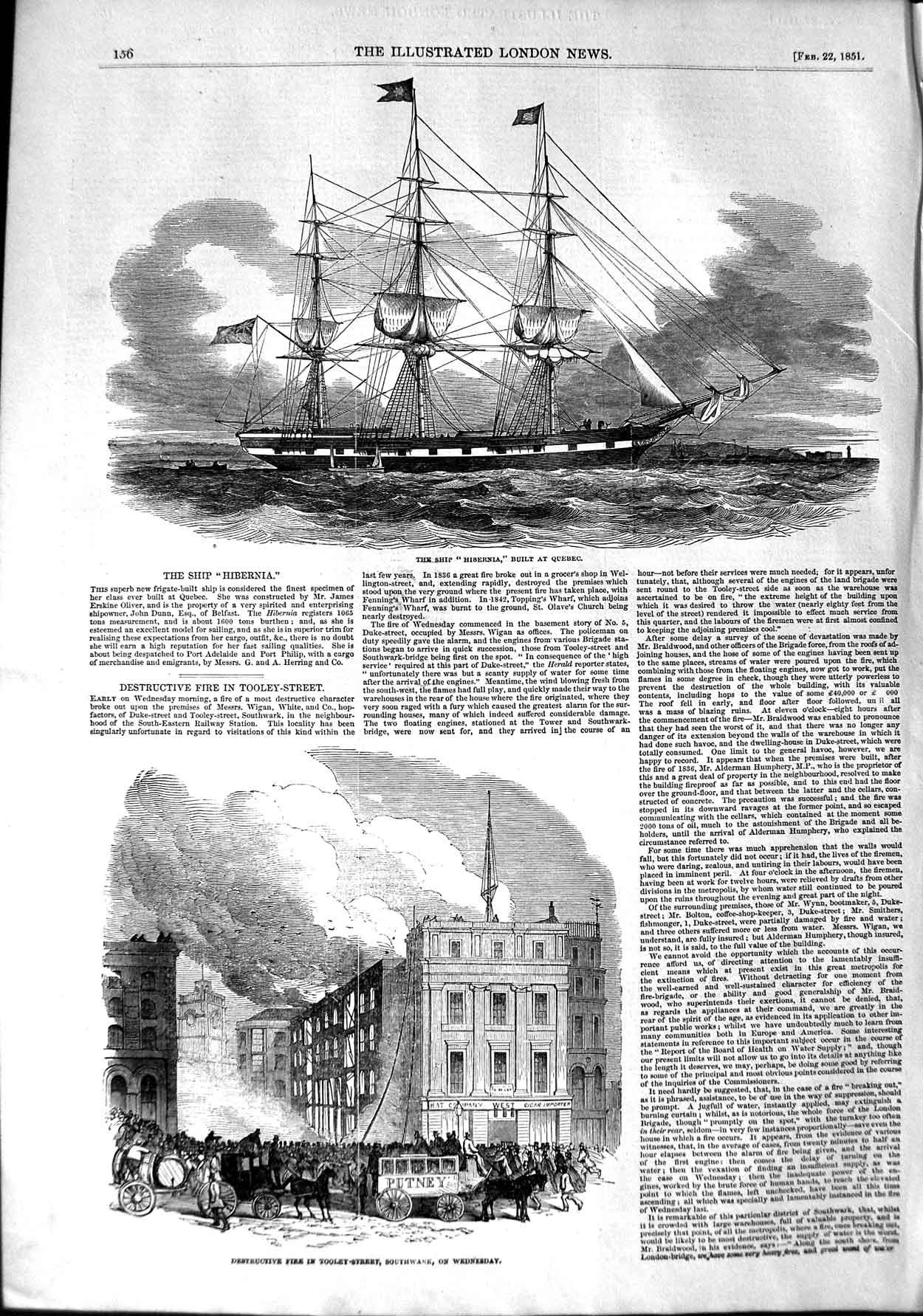 Old Antique Print 1851 Ship Hibernia Quebec Fire Tooley Street Southwark 19th