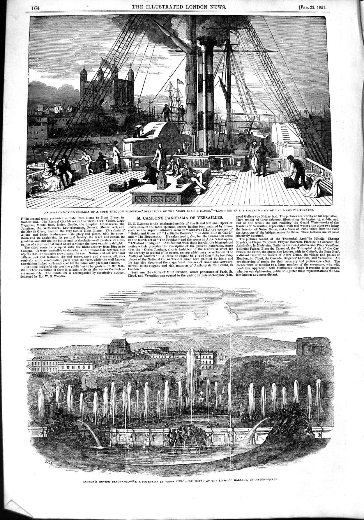 Old Antique Print 1851 Cambon Fountains Versailles John Bull Ship Theatre 19th