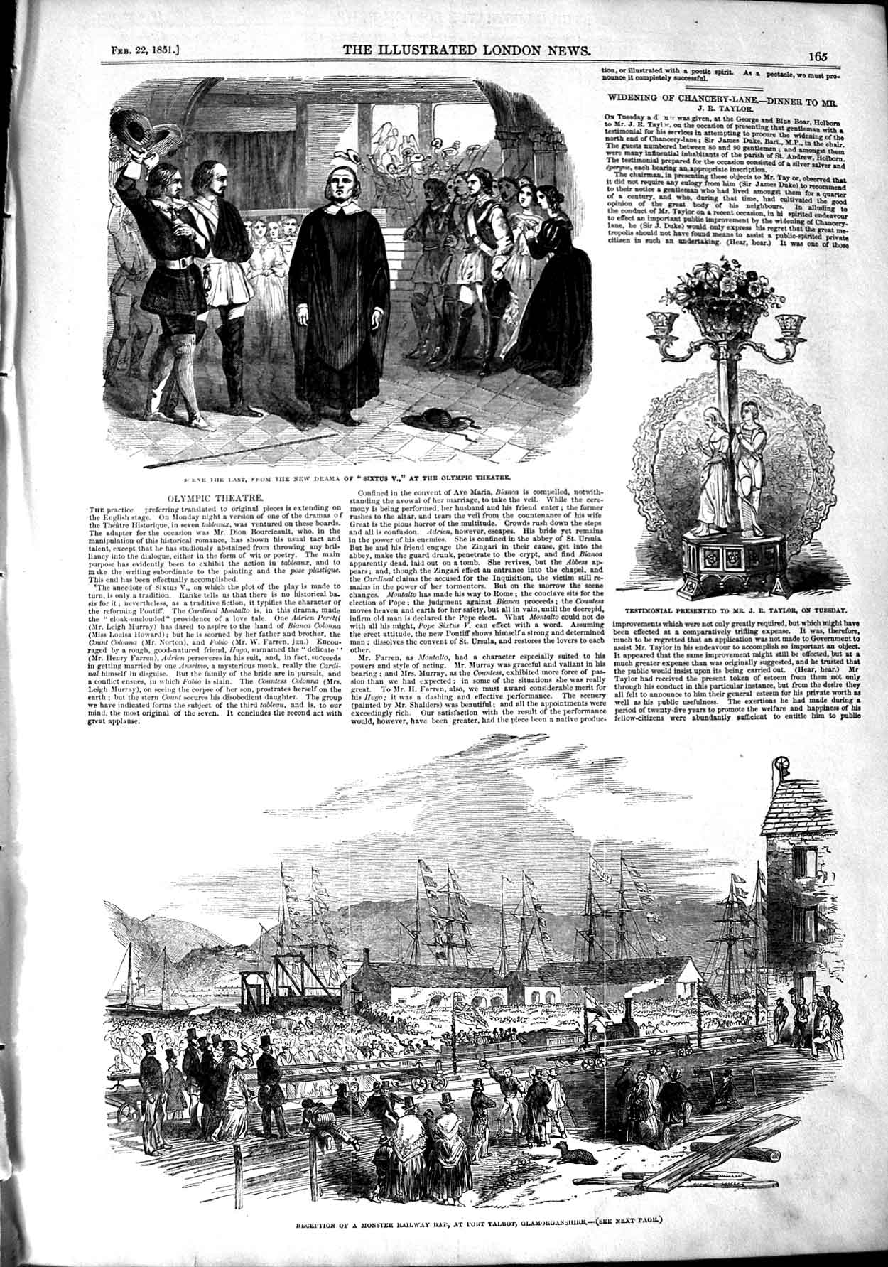 Original Old Antique Print 1851 Olympic Theatre Taylor Testimonial Port 19th