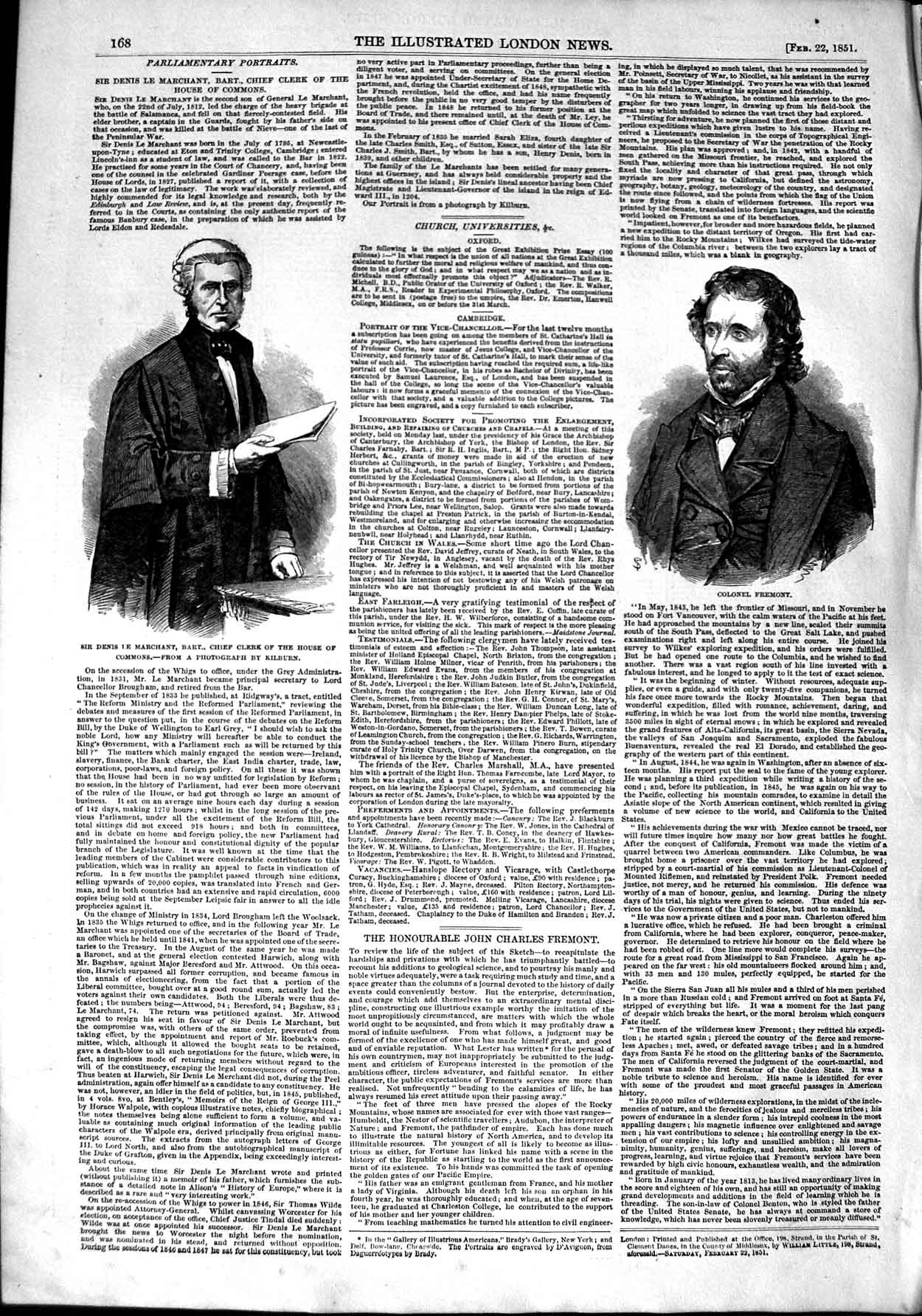 Old Antique Print 1851 Denis Marchant Clerk House Commons Colonel Fremont 19th