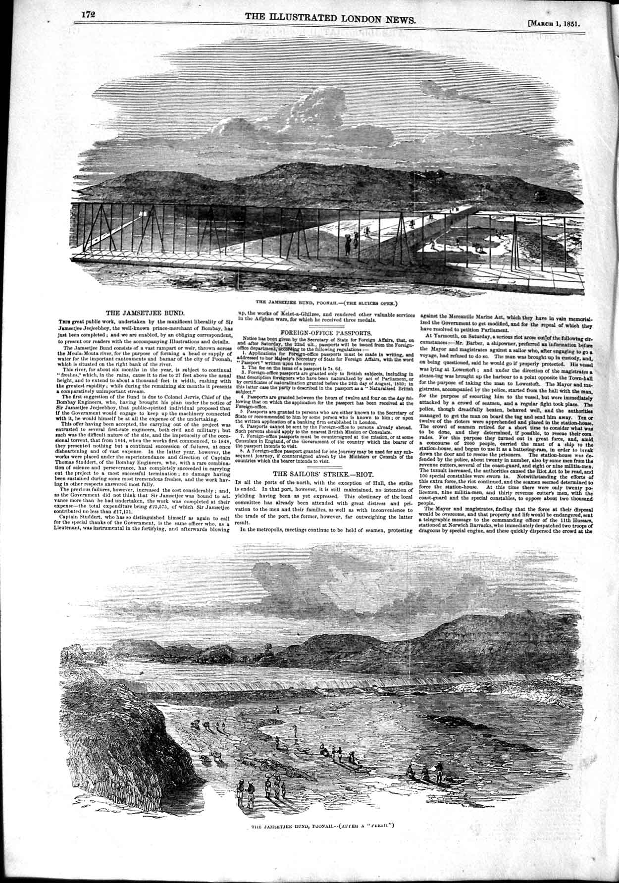 Original Old Antique Print 1851 Jamsetjee Bund Poonah Sluices Jeejeebhoy 19th