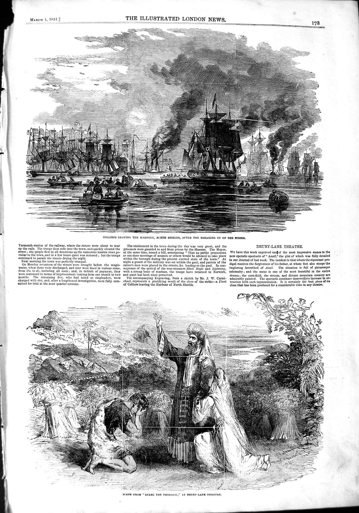 Old Antique Print 1851 Colliers Harbour North Shields Ships Theatre Azael 19th