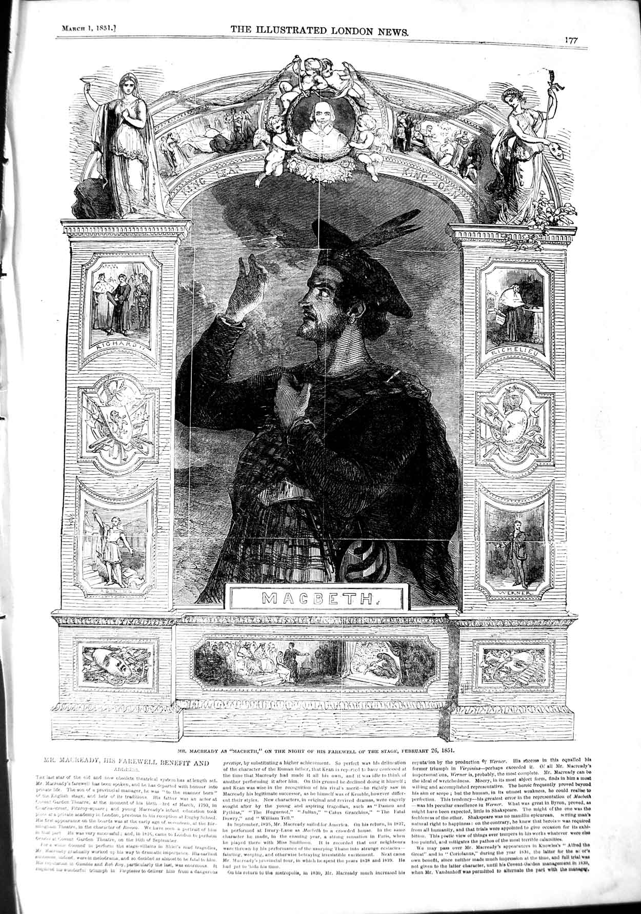 Original Old Antique Print 1851 Portrait Mr. Macready Macbeath 19th