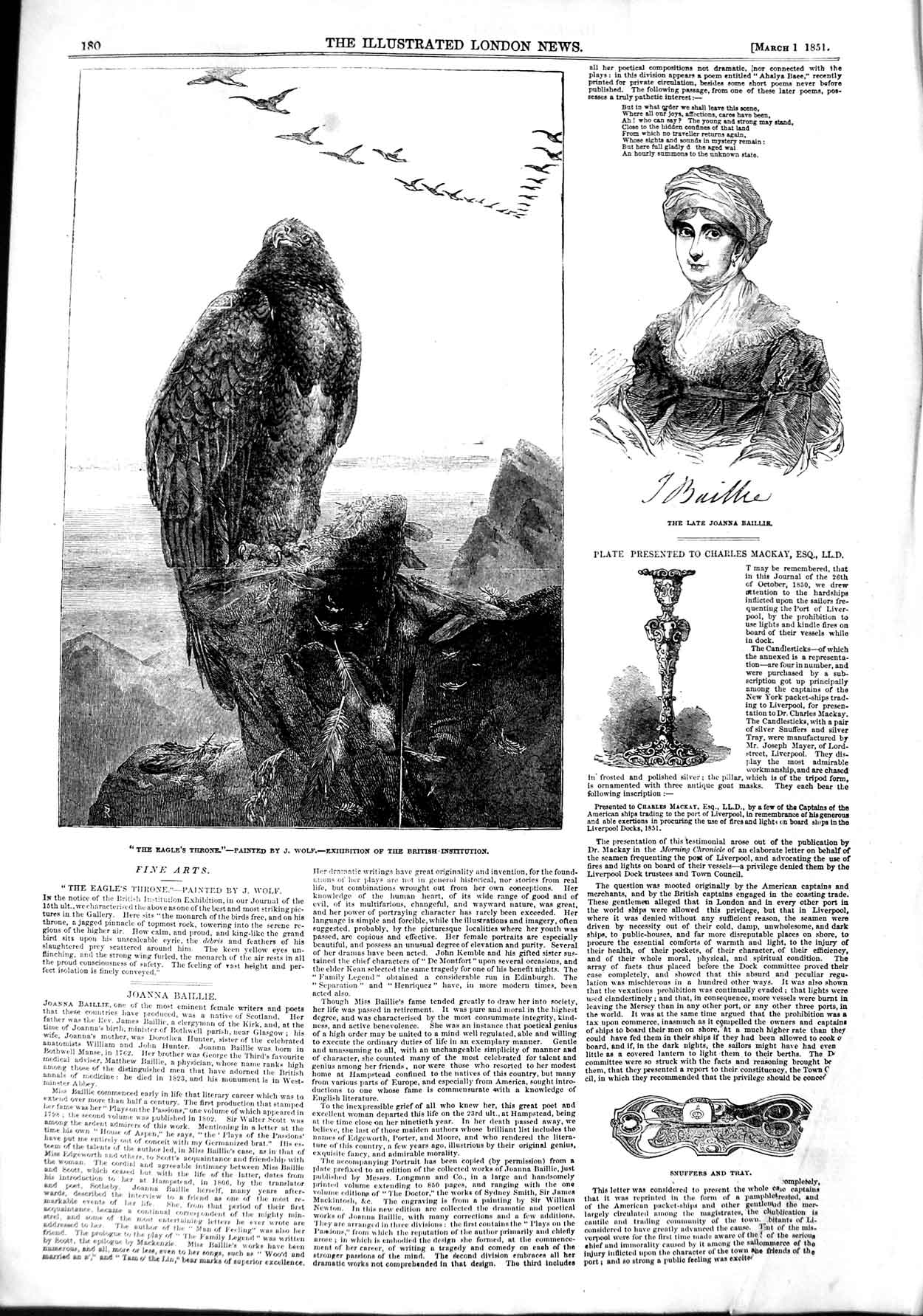 Original Old Antique Print 1851 Bird Eagle Throne Joanna Baillie Snuffers Tray