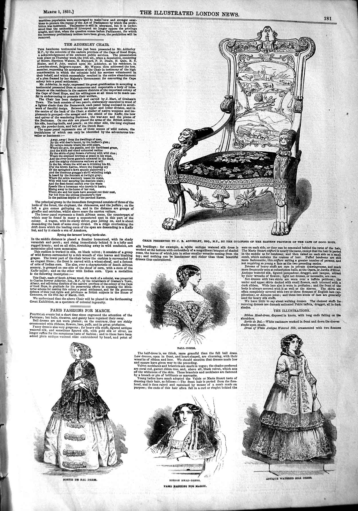 Old Antique Print 1851 Paris Fashion Dress Chair Adderley Cape Good Hope 19th