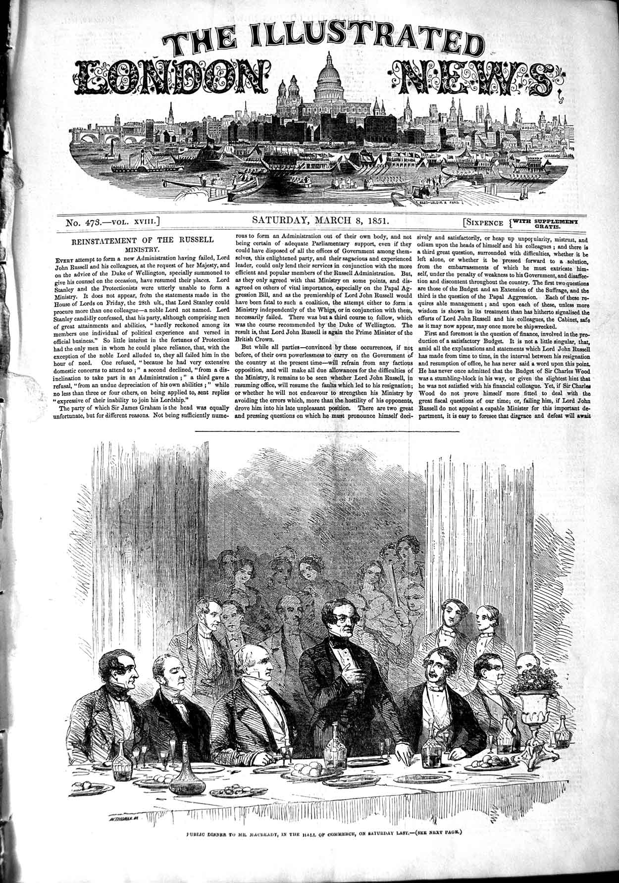 Original Old Antique Print 1851 Public Dinner Macready Hall Commerce Victorian