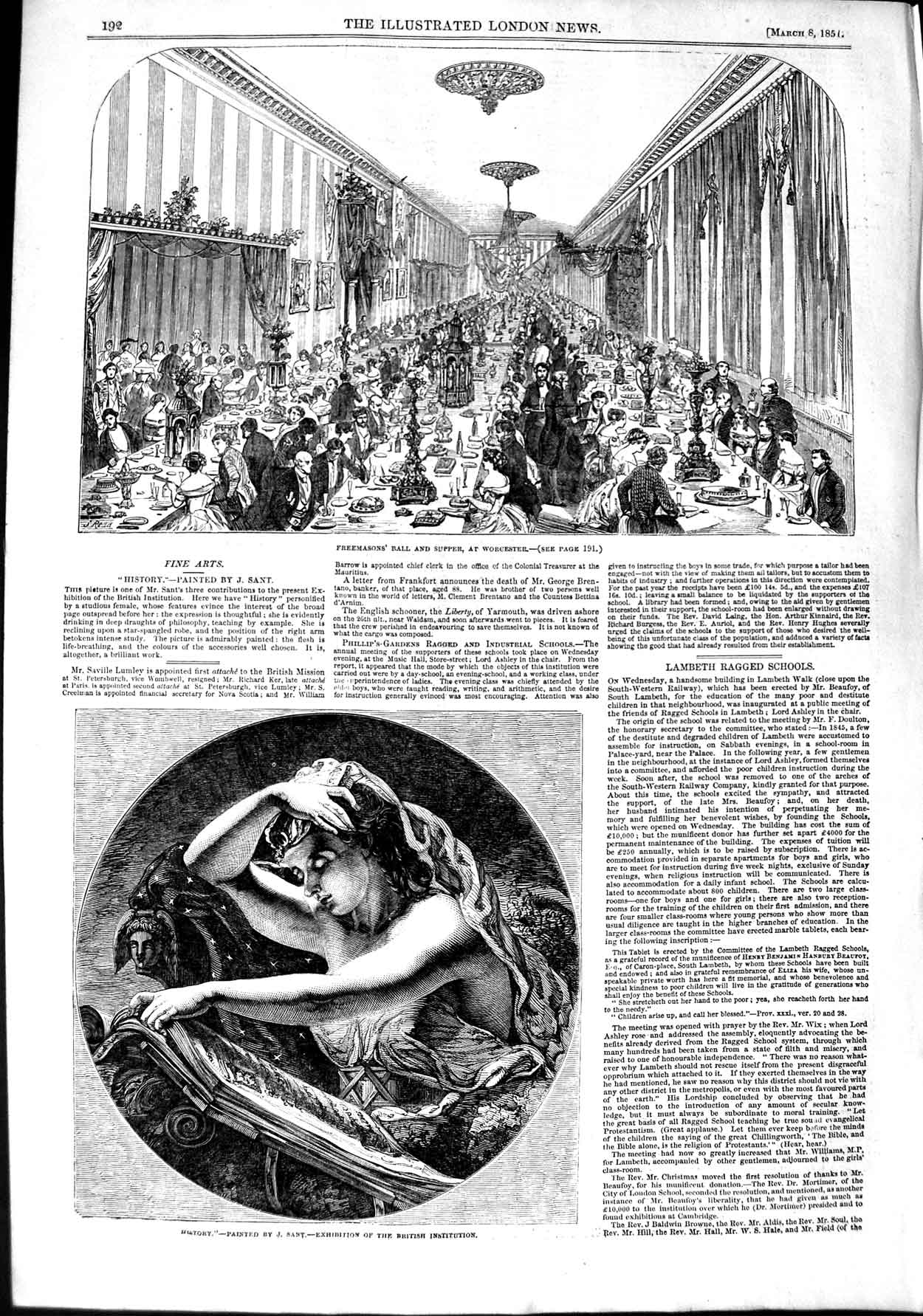 Old Antique Print 1851 Freemasons Ball Supper Worcester Portrait Lady Art 19th