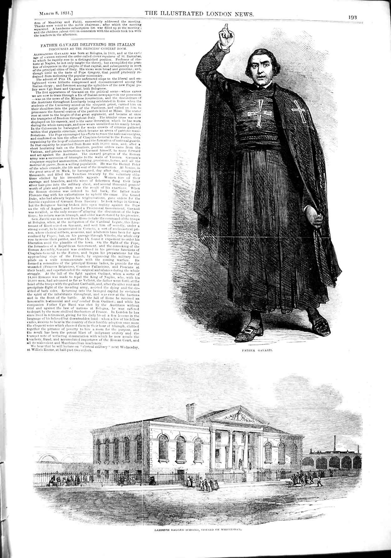 Original Old Antique Print 1851 Portrait Father Gavazzi Lambeth Ragged 19th