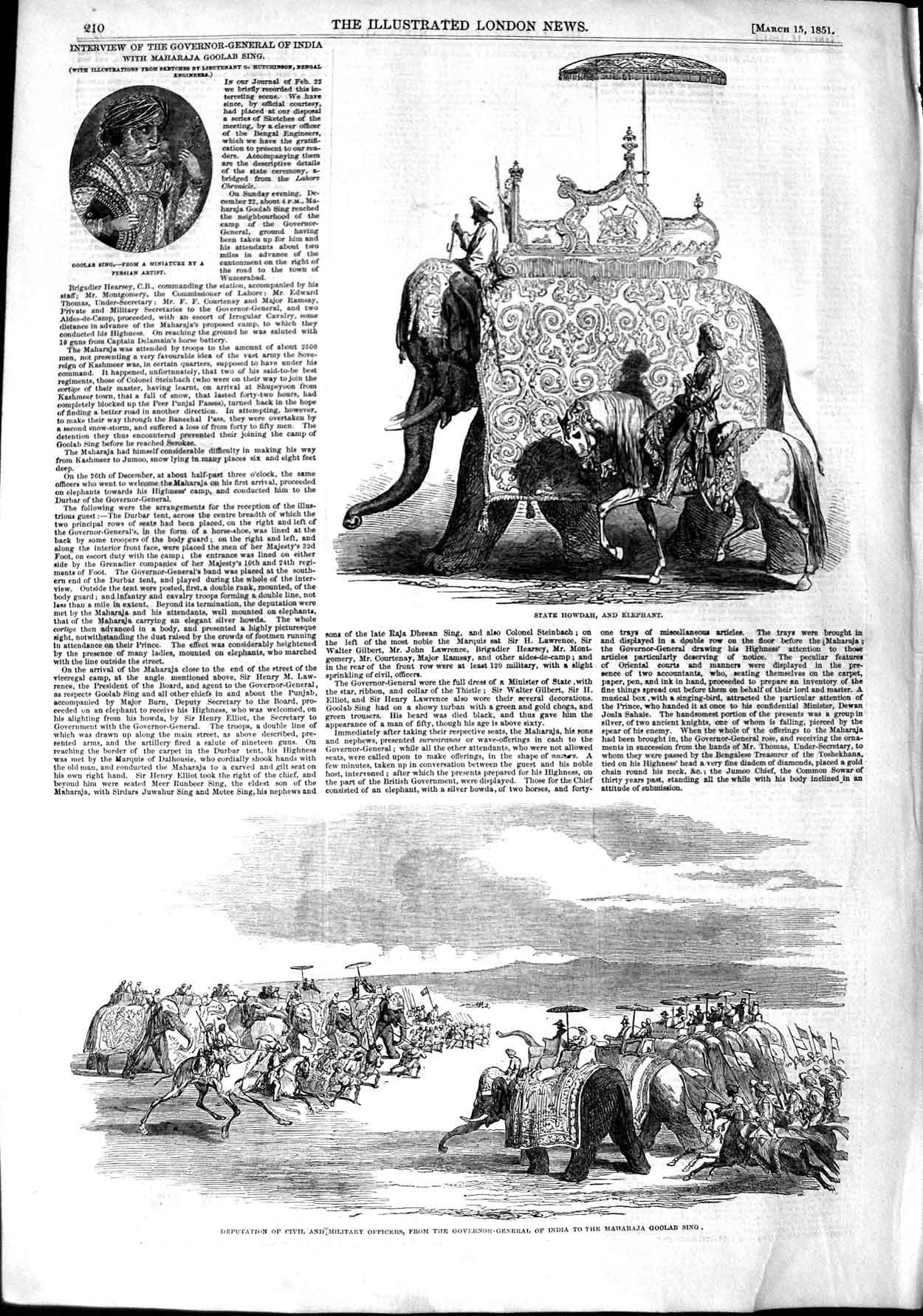 Original Old Antique Print 1851 State Howdah Elephant Maharajah Goolab Sing