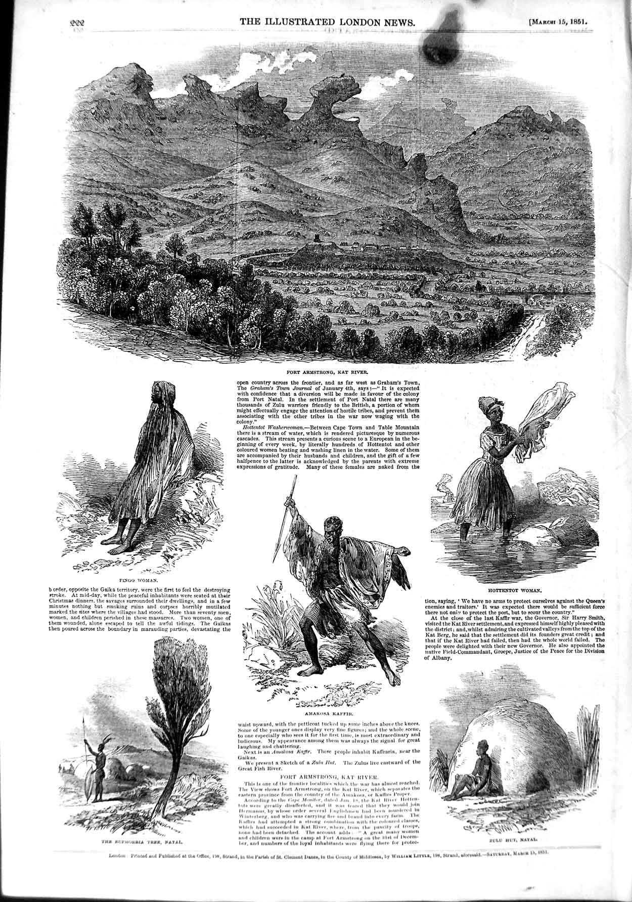 Original Old Antique Print 1851 Fort Armstrong Kat River Amakosa Kaffir Fin 19th