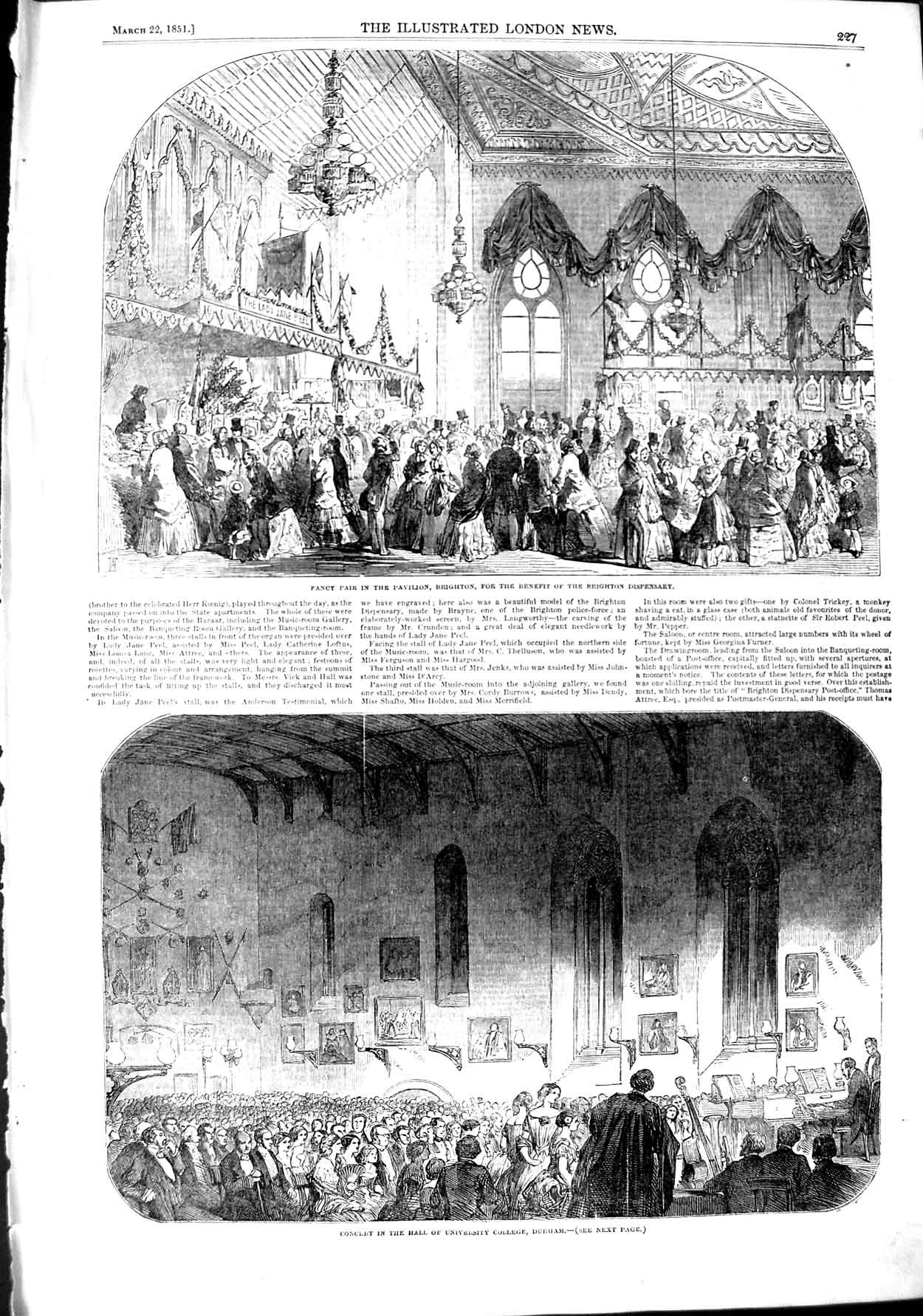 Old Antique Print 1851 Fair Pavilion Brighton Concert University Durham 19th