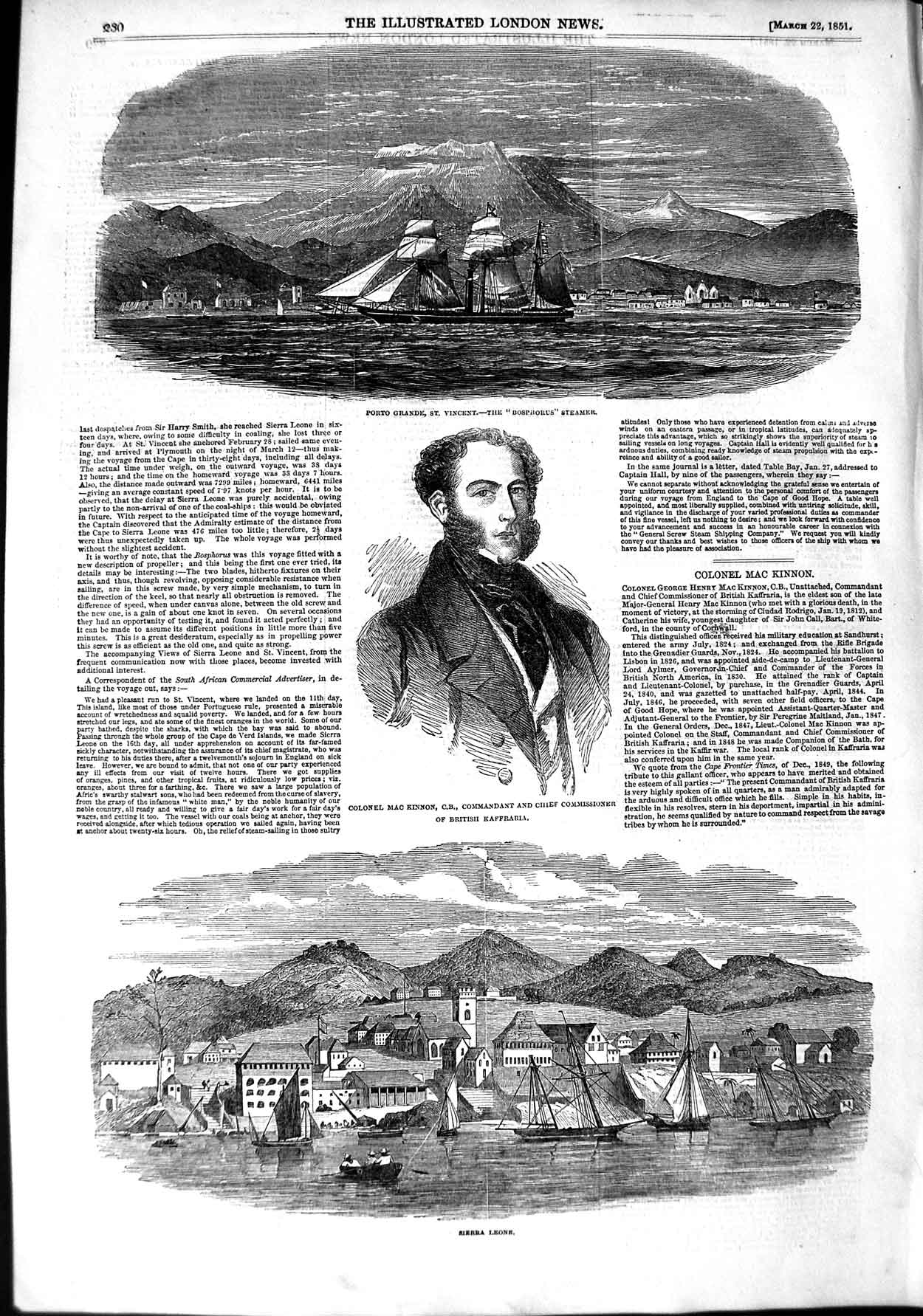 Original Old Antique Print 1851 Porto Grande Bosphorus Ship Mackinnon Sierr 19th