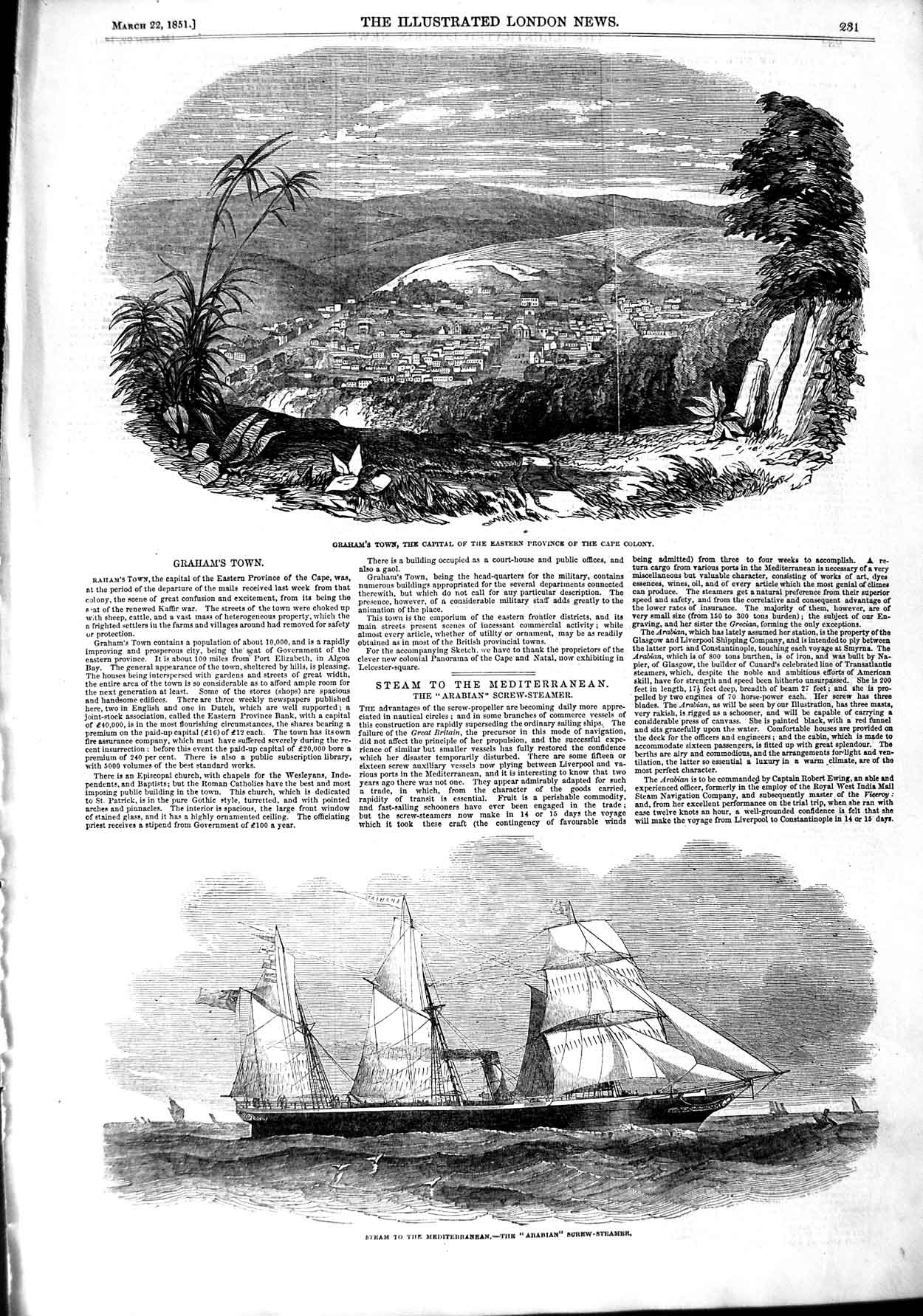 Original Old Antique Print 1851 Graham'S Town Cape Colony Arabian Steamer Ship