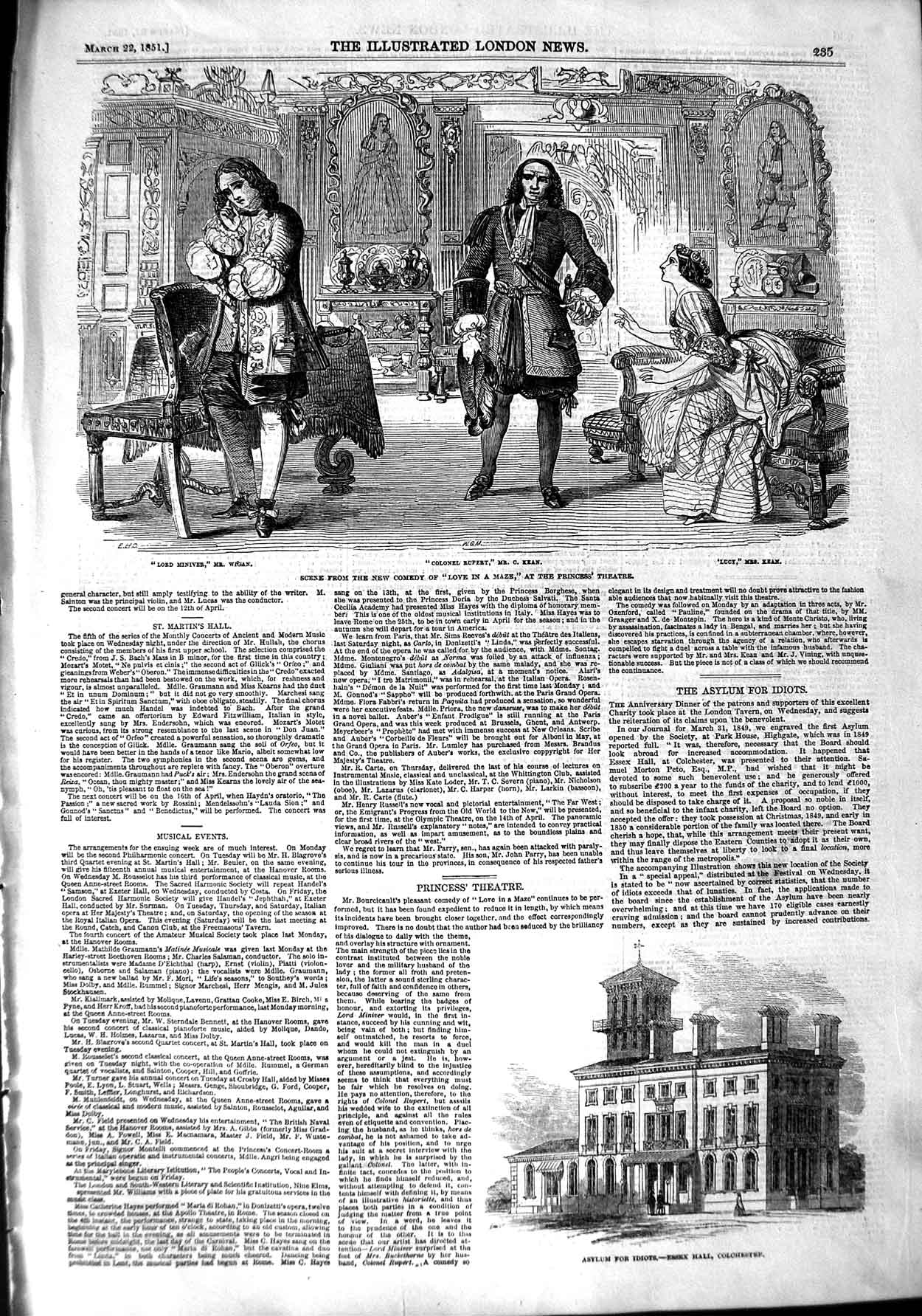 Old Antique Print 1851 Rupert Comedy Princess Theatre Asylum Essex Hall 19th