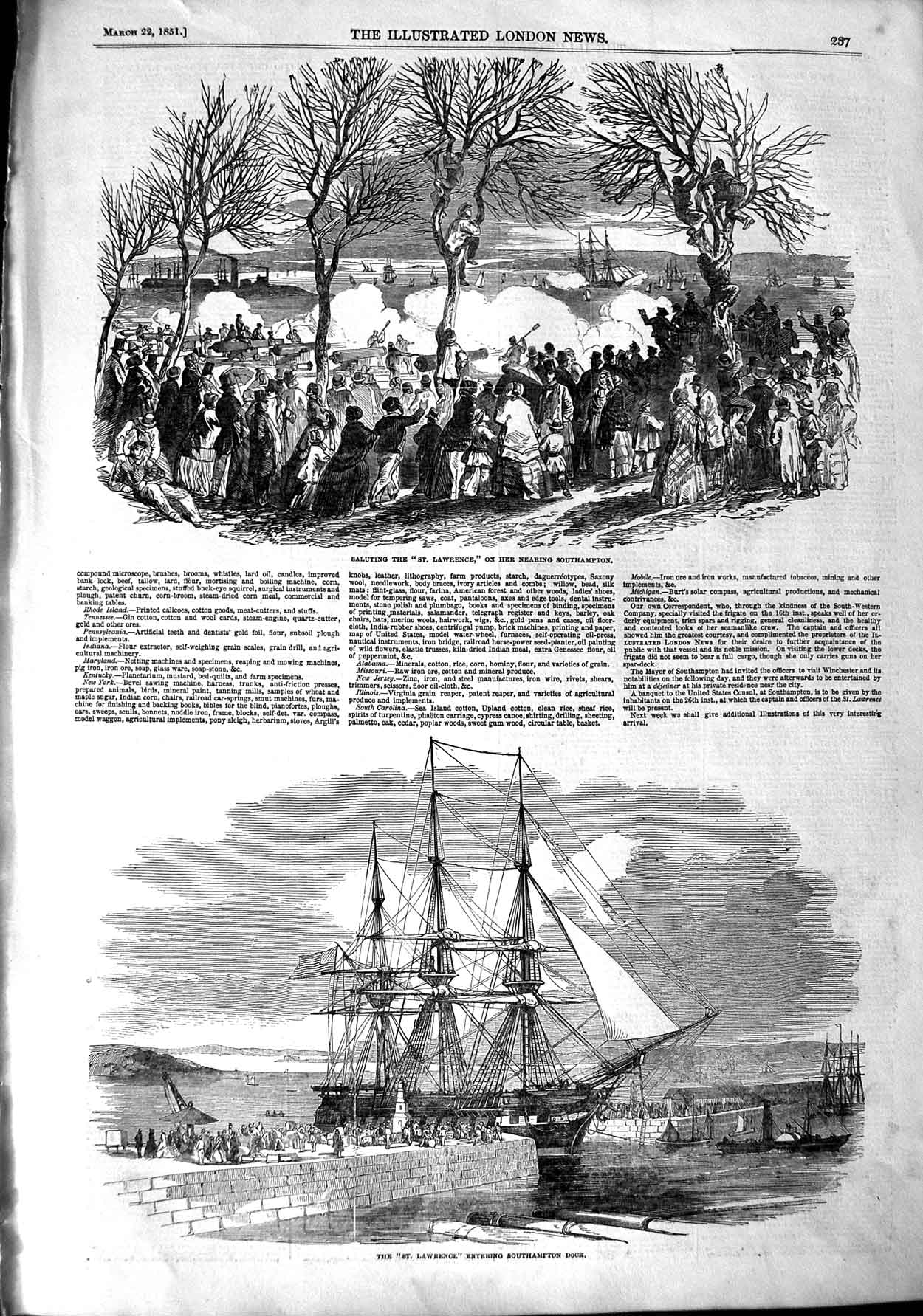 Original Old Antique Print 1851 Saluting Ship St. Lawrence Southampton Dock