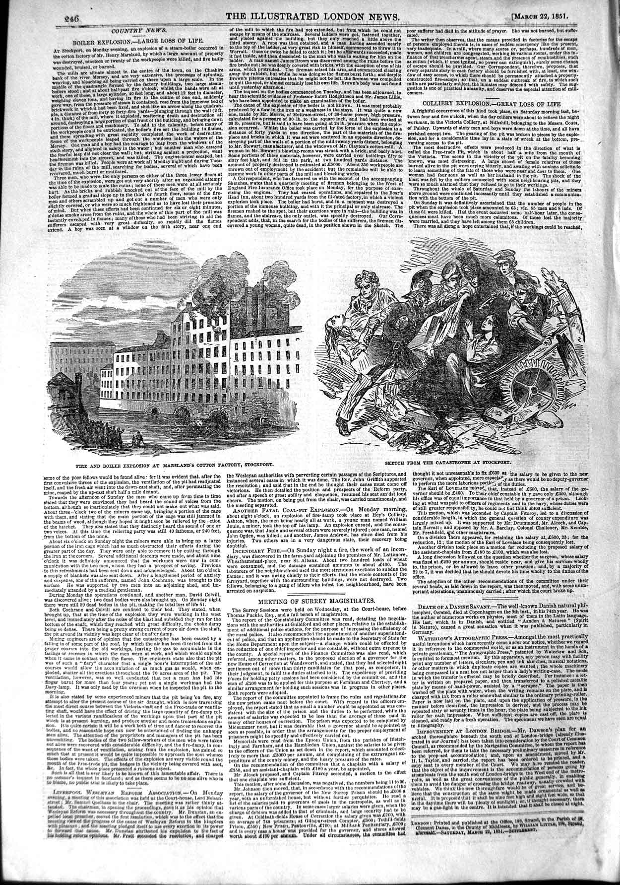 Original Old Antique Print 1851 Fire Boiler Explosion Marsland Cotton Factory
