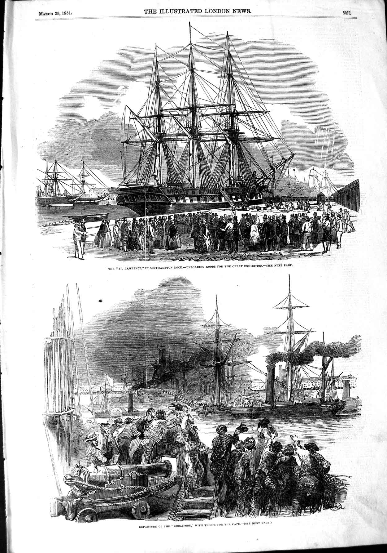 Old Antique Print 1851 Ship St. Lawrence Southampton Dock Singapore War 19th