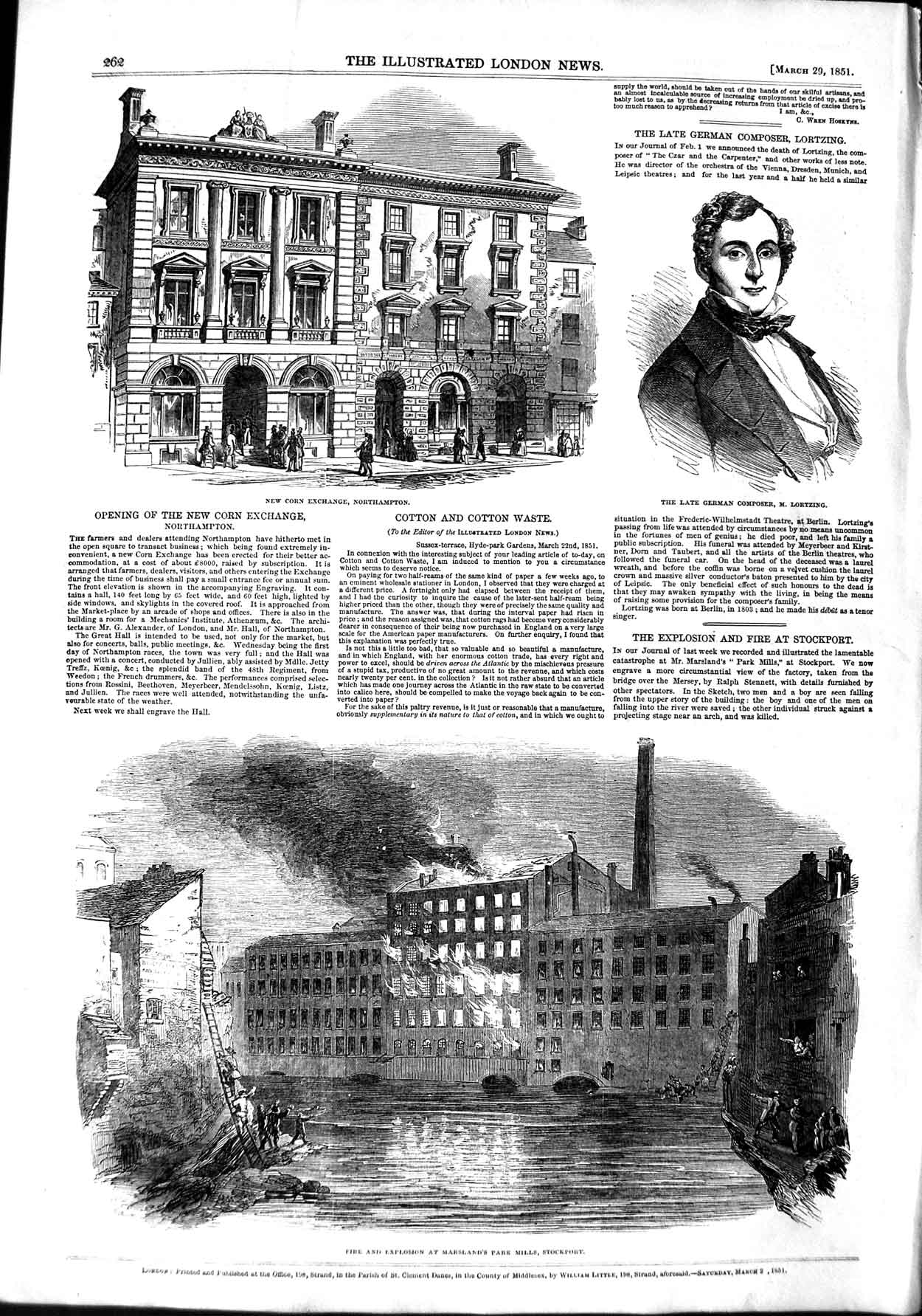 Old Antique Print 1851 Marsland'S Mills Stockport Lortzing Corn Exchange 19th