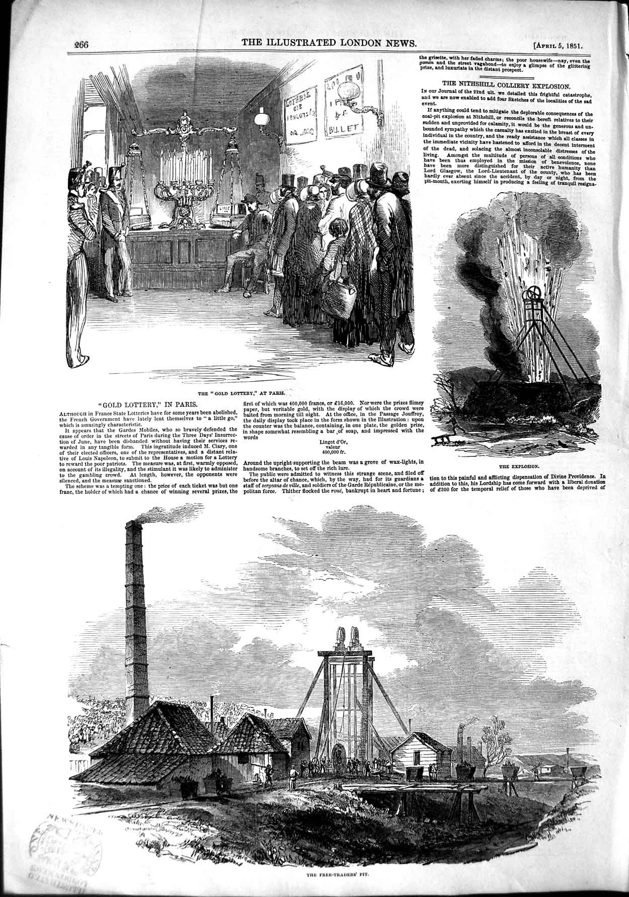 Original Old Antique Print 1851 Free-Traders Pit GLottery Nithshill Colliery