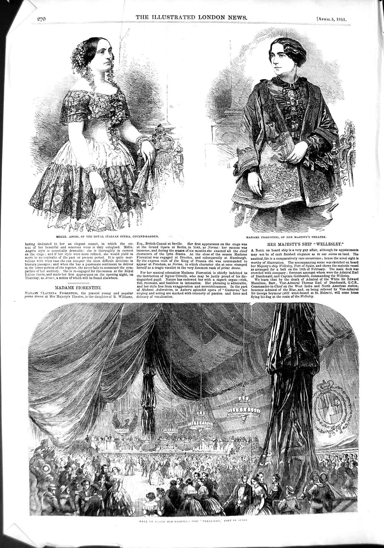 Original Old Antique Print 1851 Angri Opera Fiorentini Theatre Ship Wellesley