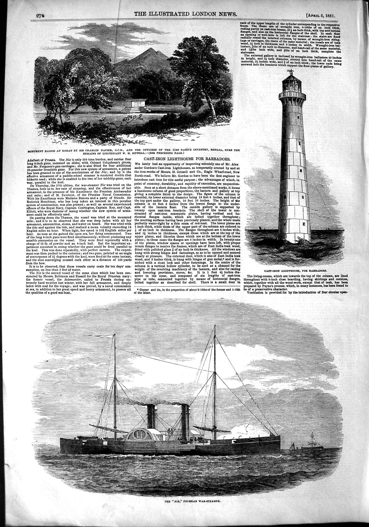 Original Old Antique Print 1851 Prussian War Ship Nix Lighthouse Charles Napier
