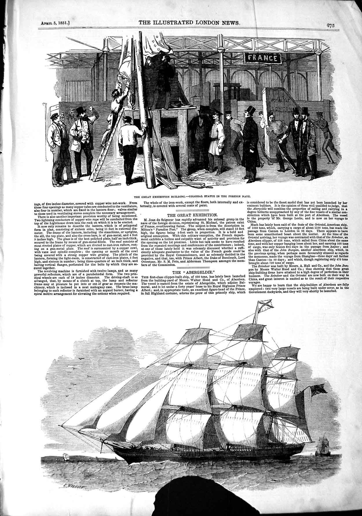 Old Antique Print 1851 Great Exhibition Building Statue Ship Abergeldie 19th