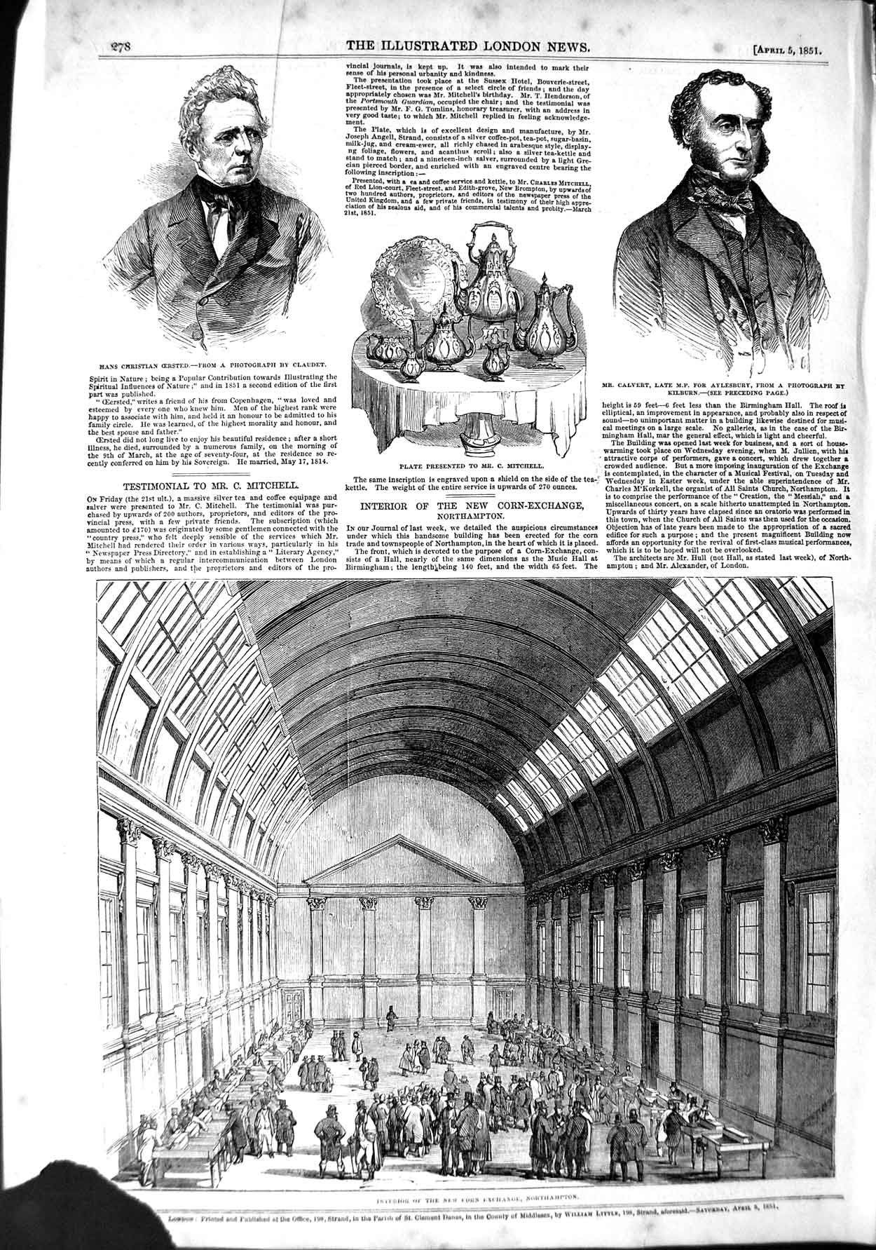 Original Old Antique Print 1851 Corn Exchange Northampton Oersted Clavert Plate