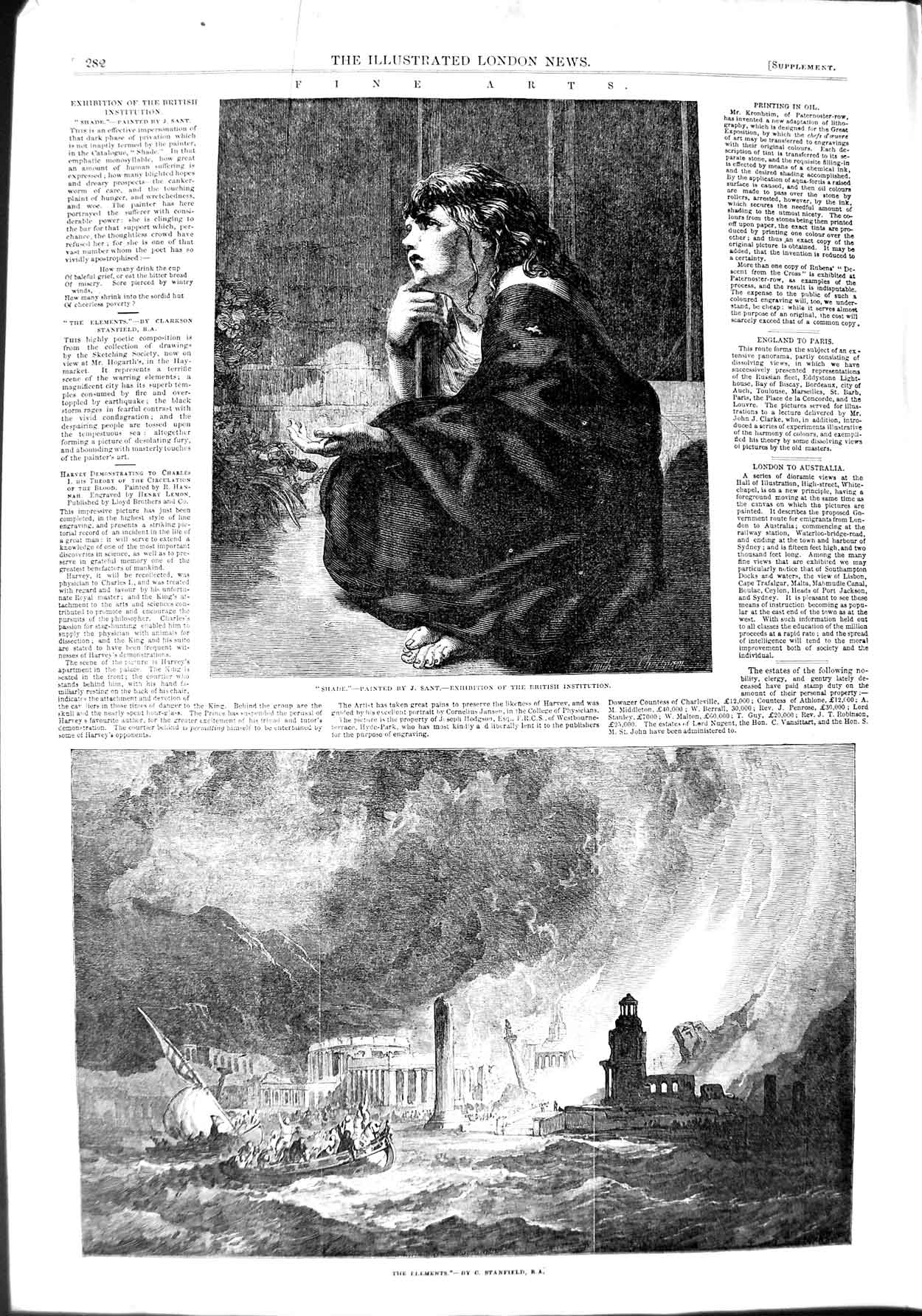 Old Antique Print 1851 Fine Art British Institution Girl Crying Town Fire 19th