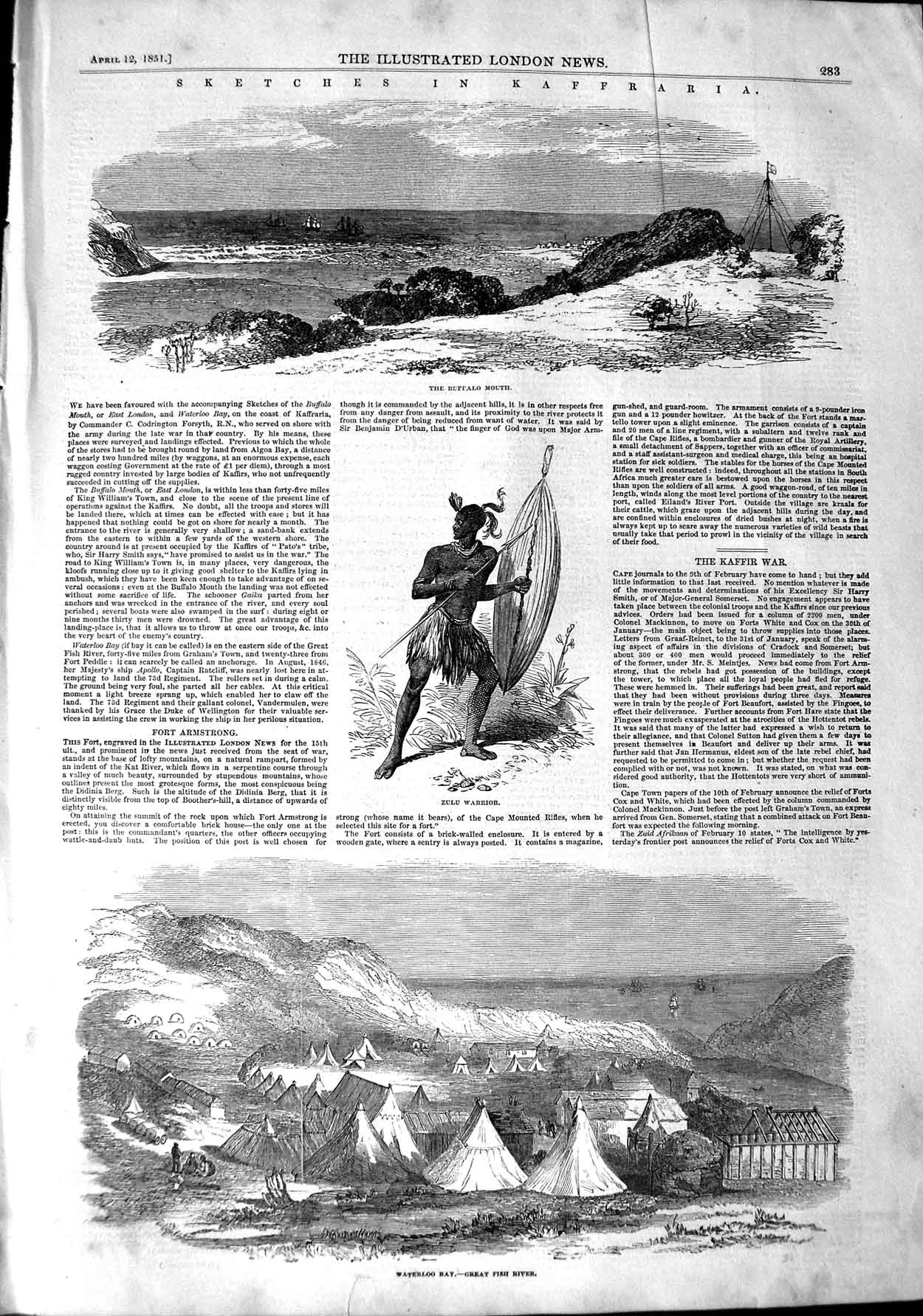 Old Antique Print 1851 Kaffraria Buffalo Mouth Zulu Warrior Waterloo Bay 19th