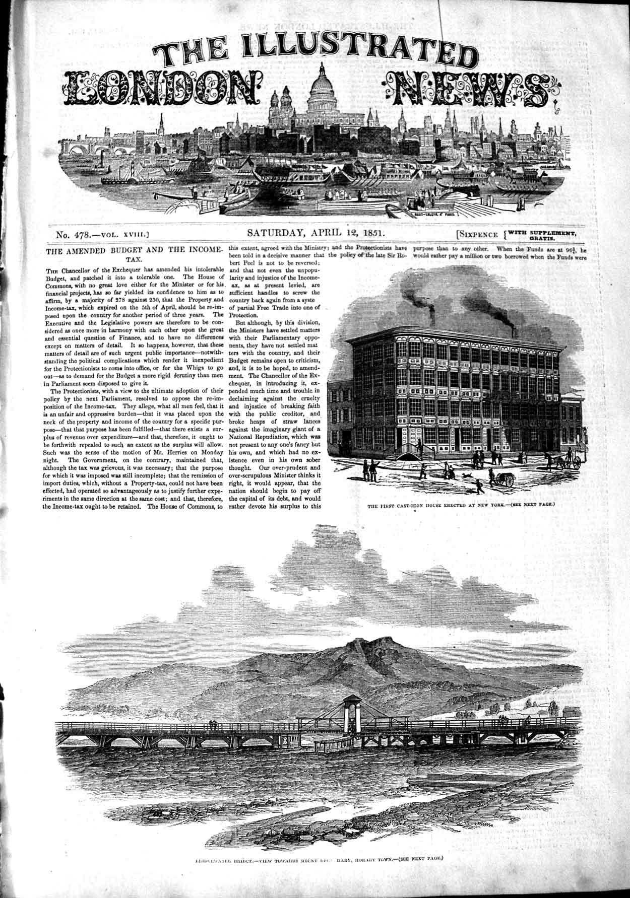 Old Antique Print 1851 Cast-Iron House New York Bridgewater Bridge Hobart 19th