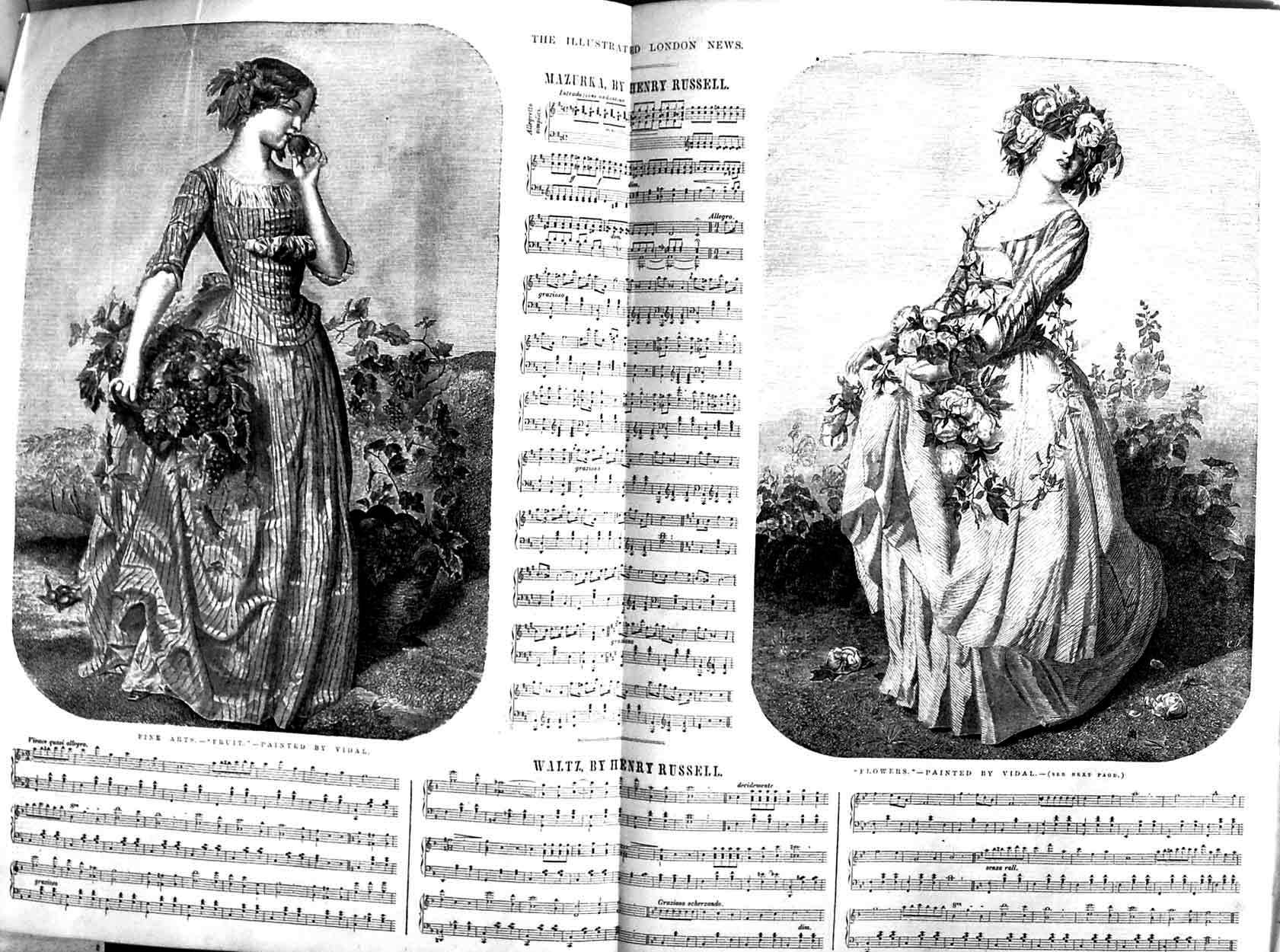 Old Antique Print 1851 Sheet Music Mazurka Henry Russell Waltz Flowers 19th