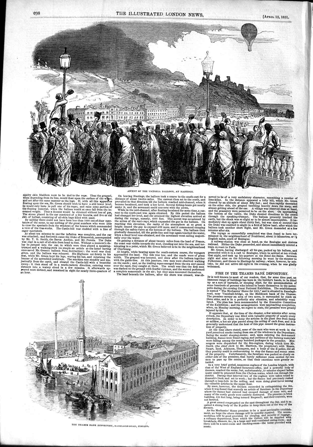 Old Antique Print 1851 Victoria Balloon Hastings Thames Bank Depository 19th