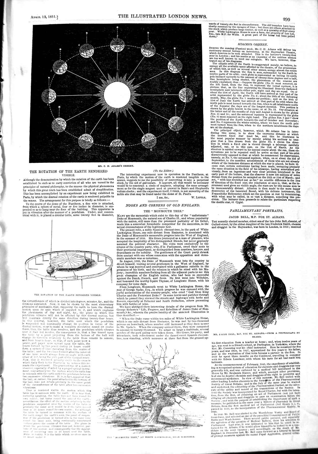 Original Old Antique Print 1851 Adam'S Orrery Jacob Bell Monmouth Tree Lac 19th
