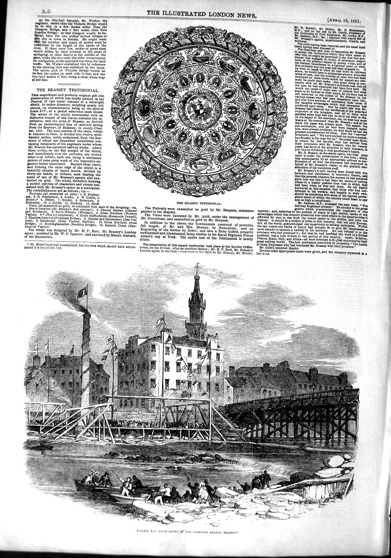 Original Old Antique Print 1851 Victoria Bridge Glasgow Brassey Testimonial