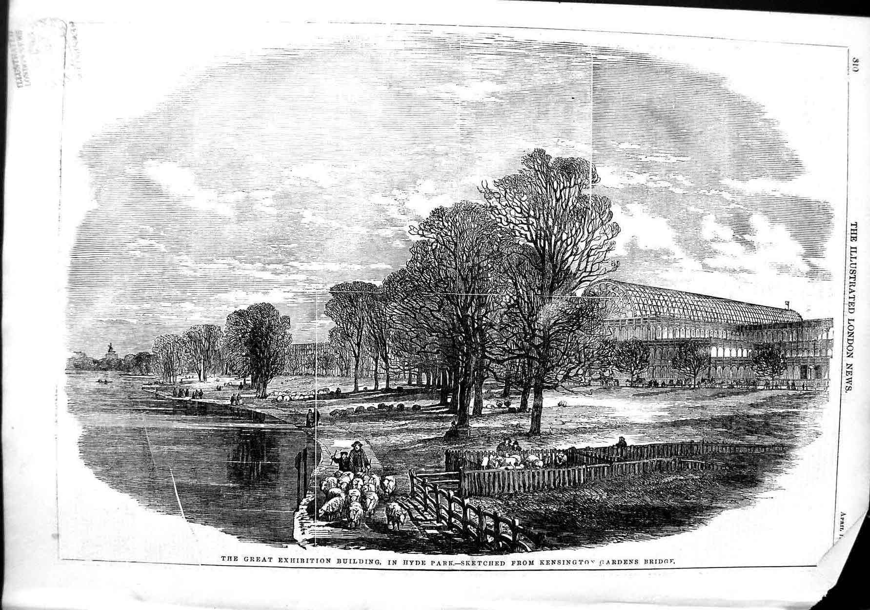 Original Old Antique Print 1851 Exhibition Building Hyde Park Kensington 19th