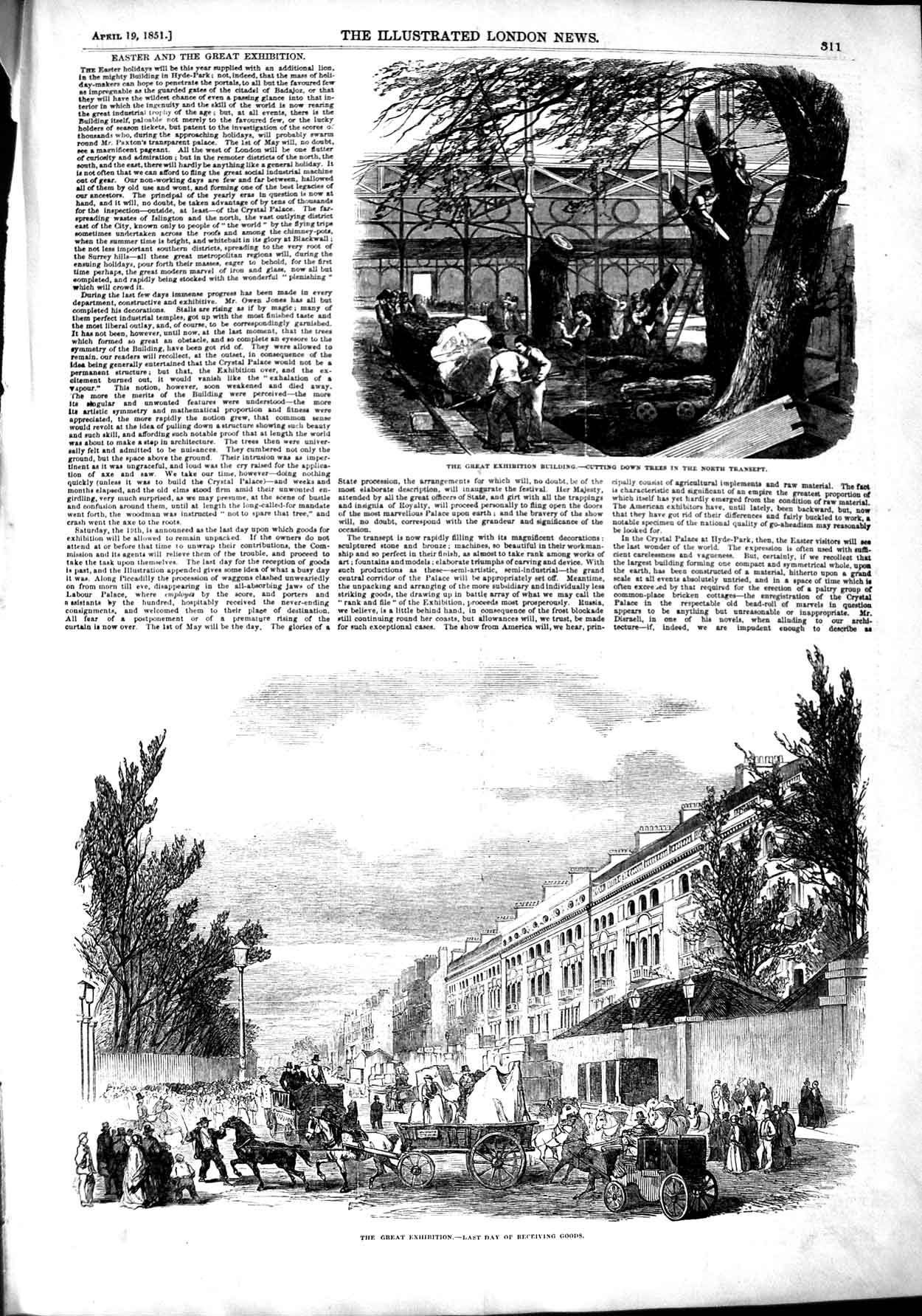 Old Antique Print 1851 Great Exhibition Building Cutting Trees Transept 19th