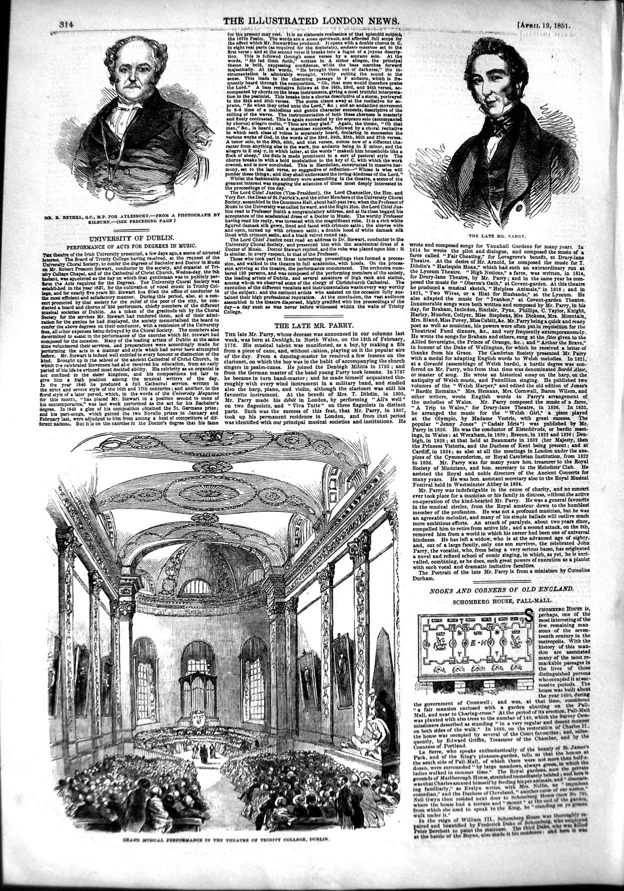 Old Antique Print 1851 Bethel Parry Musical Performance Trinity College 19th