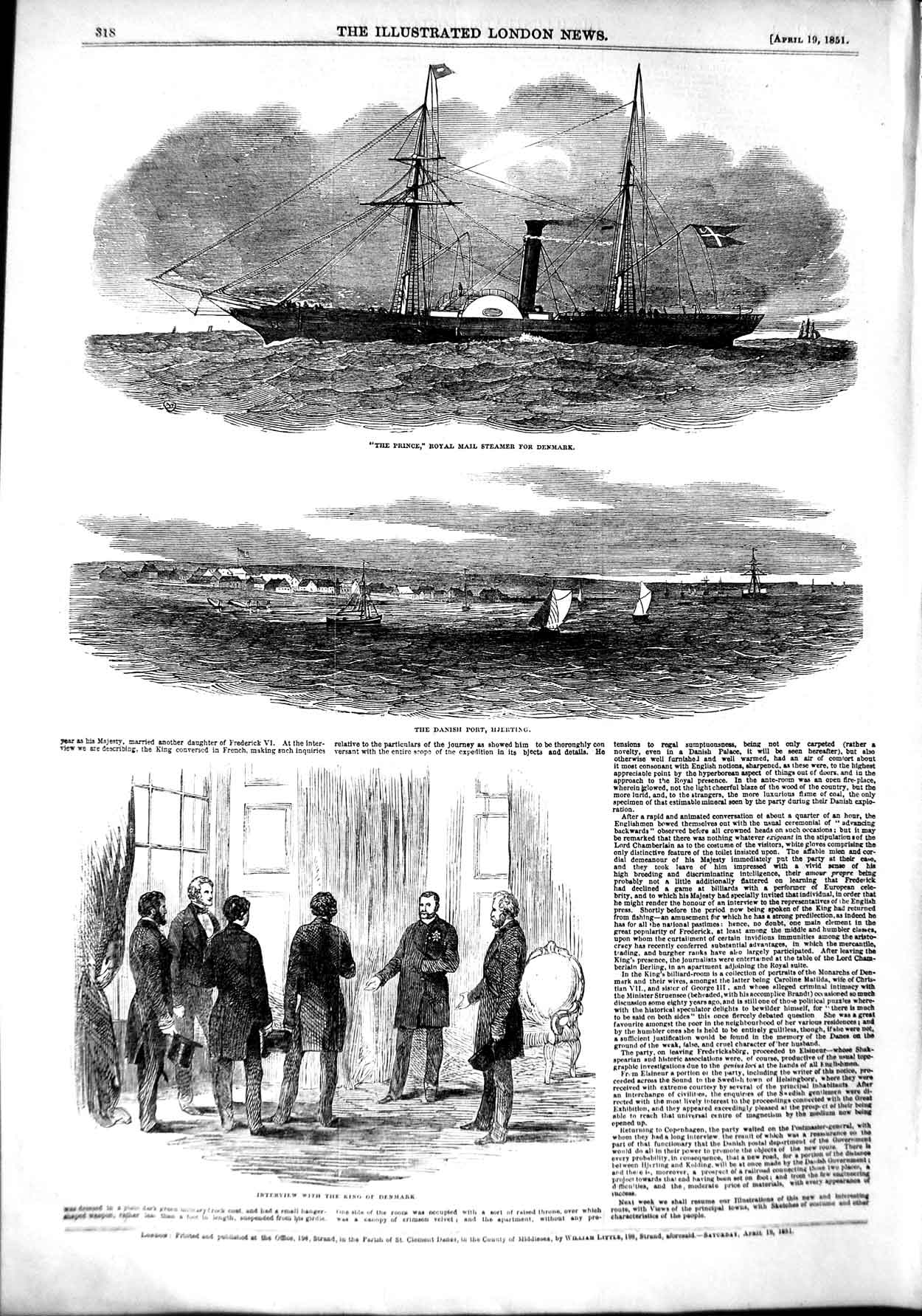 Original Old Antique Print 1851 Prince Royal Mail Ship Denmark Port Hjerti 19th