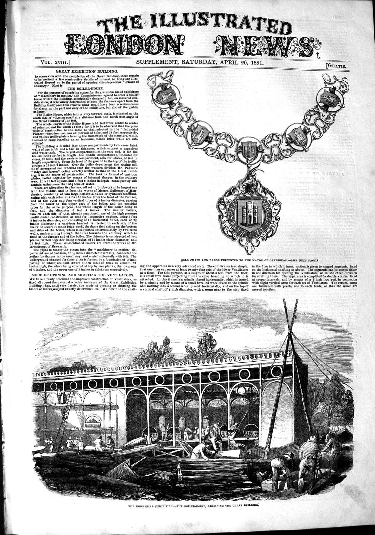 Original Old Antique Print 1851 GChain Mayor Gateshead Industrial Exh Victorian