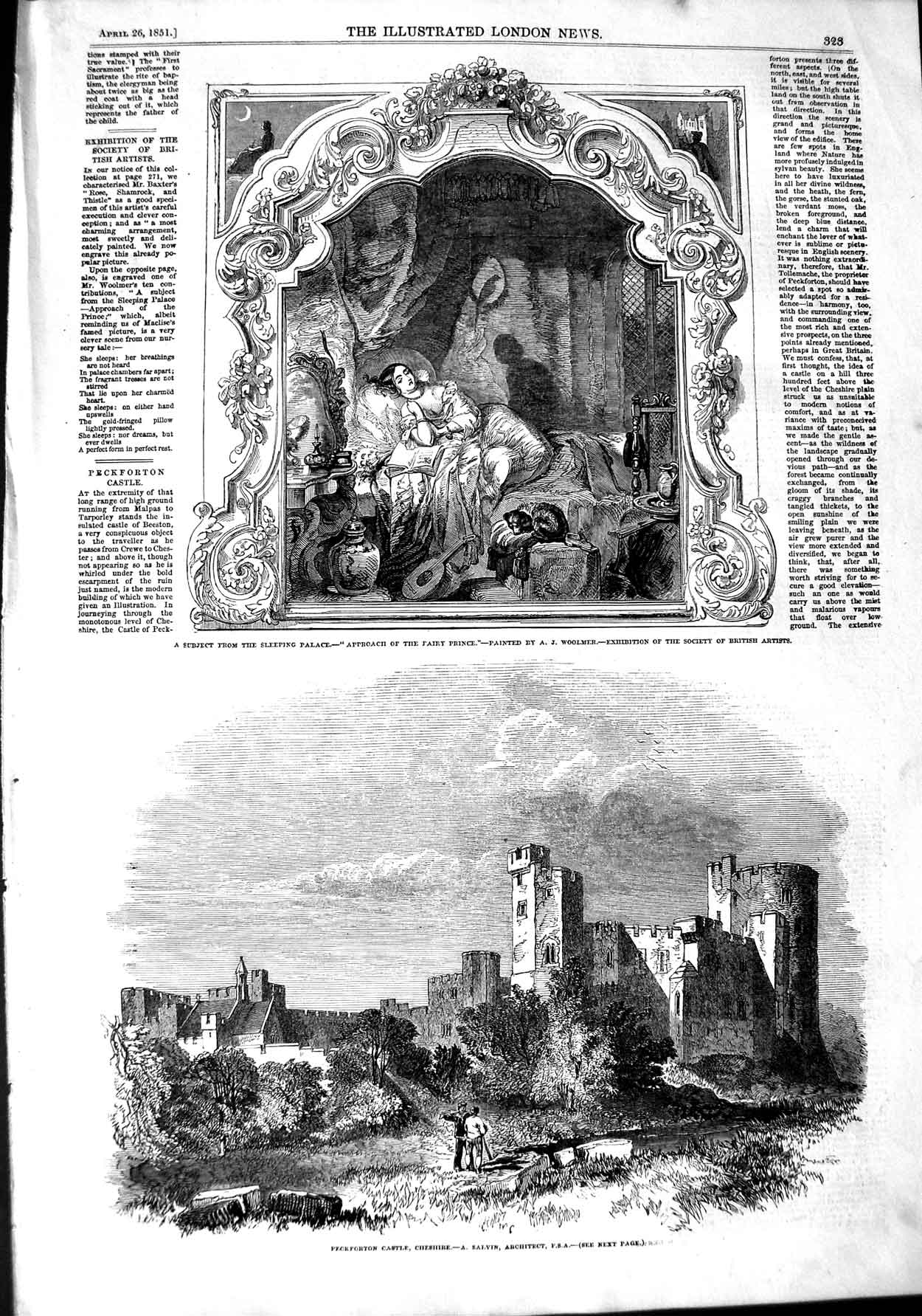Original Old Antique Print 1851 Peckforton Castle Cheshire Fairy Prince Woolmer