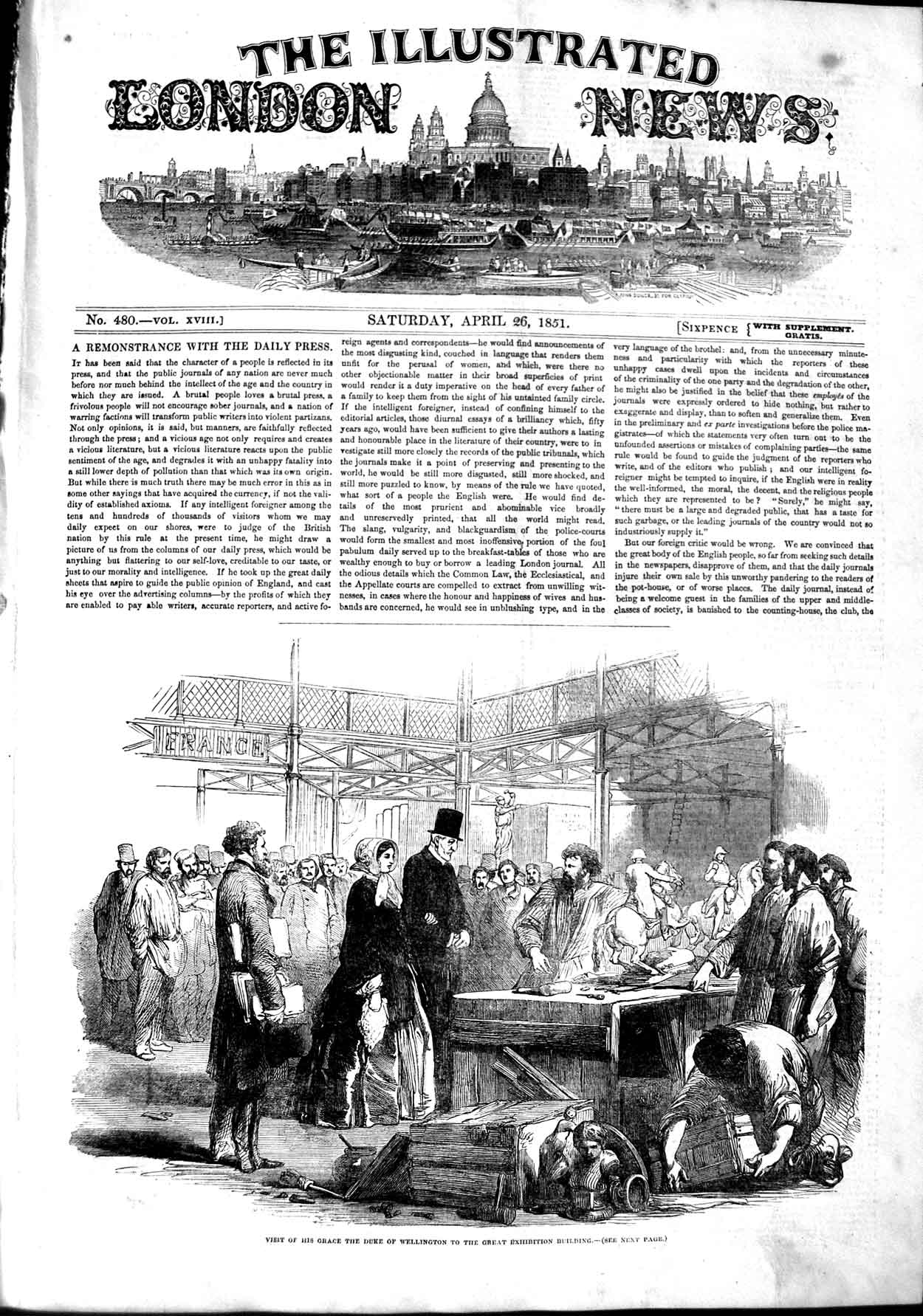 Original Old Antique Print 1851 Duke Wellington Great Exhibition Building 19th