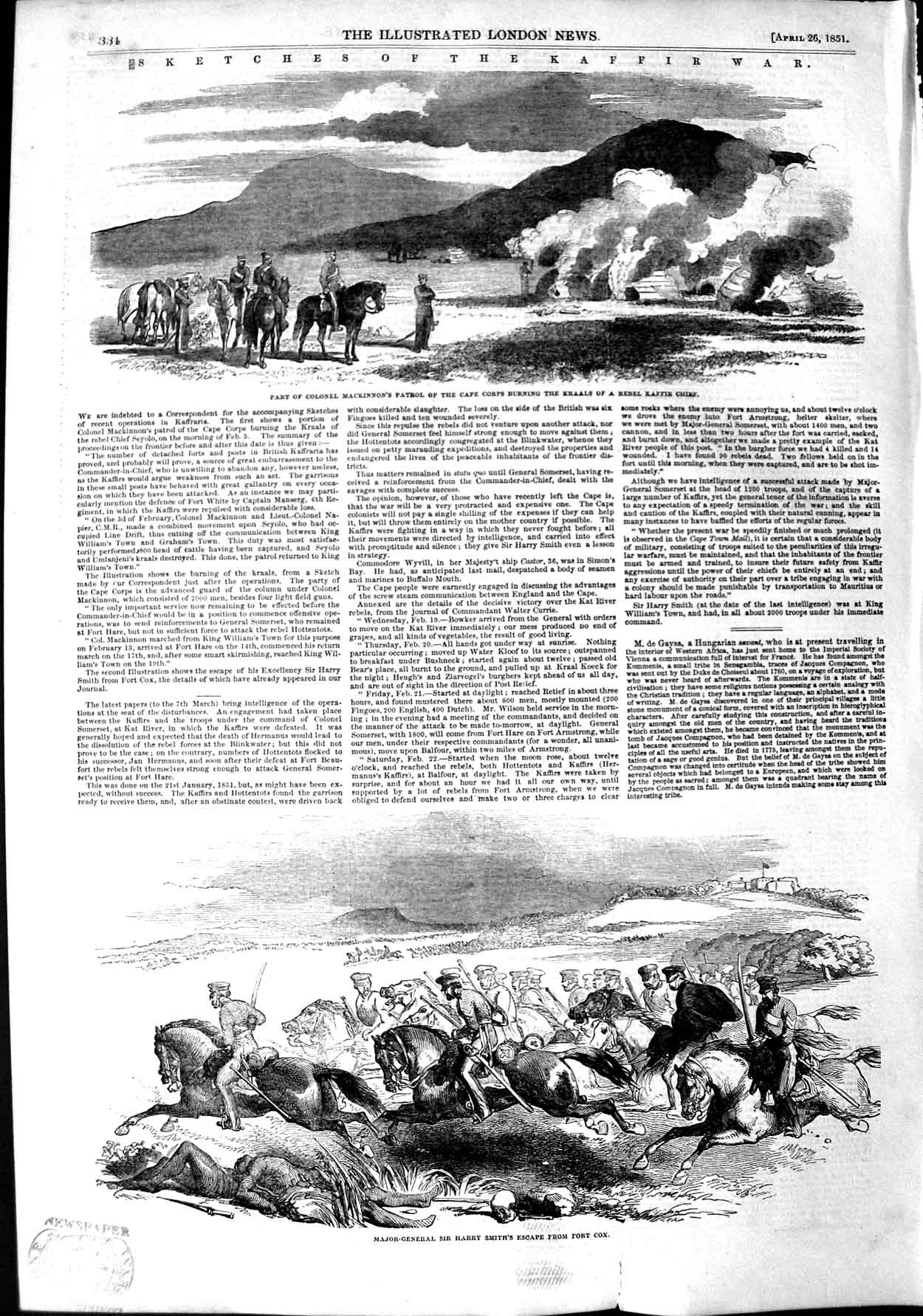 Original Old Antique Print 1851 Kaffir War Mackinnon Harry Smith Fort C 19th
