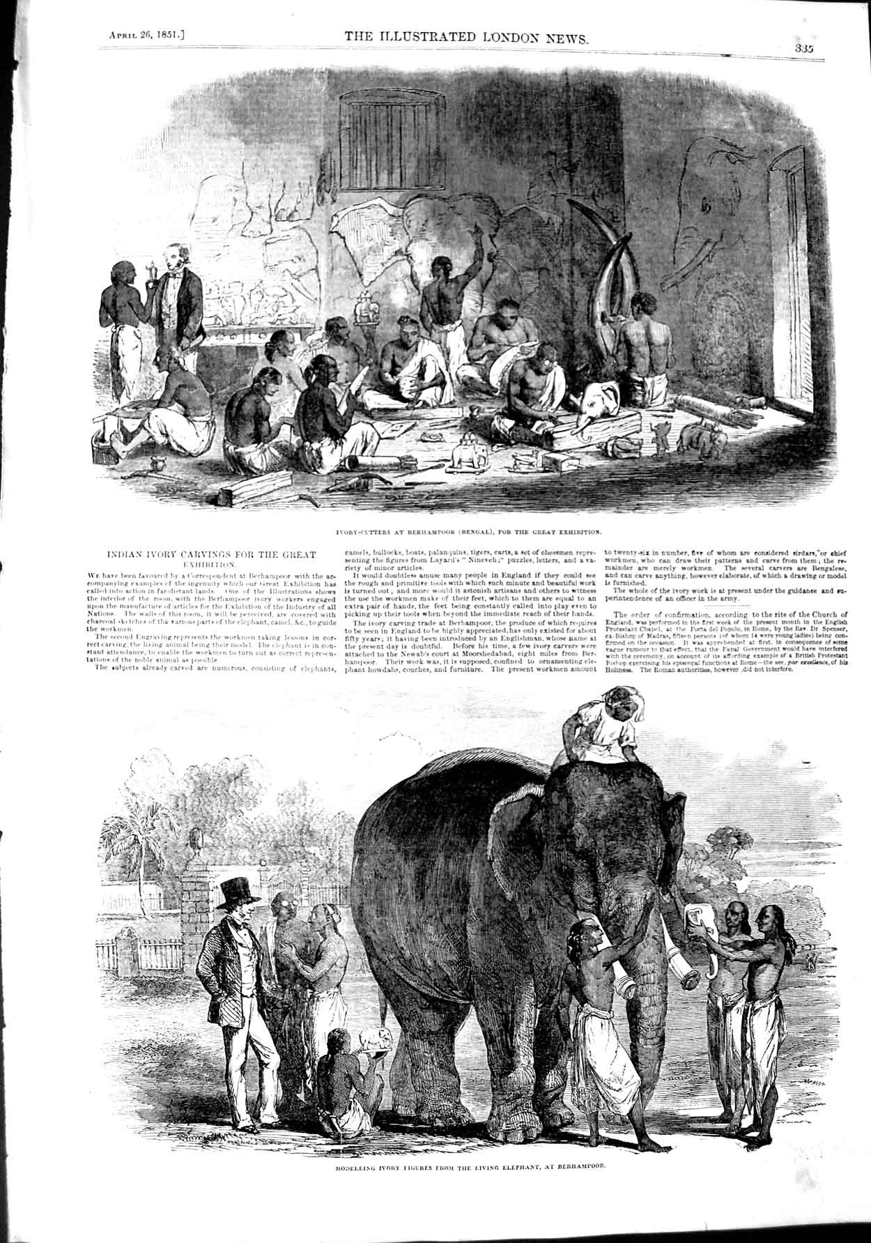 Original Old Antique Print 1851 India Ivory Cutters Elephant Berhampoor Bengal
