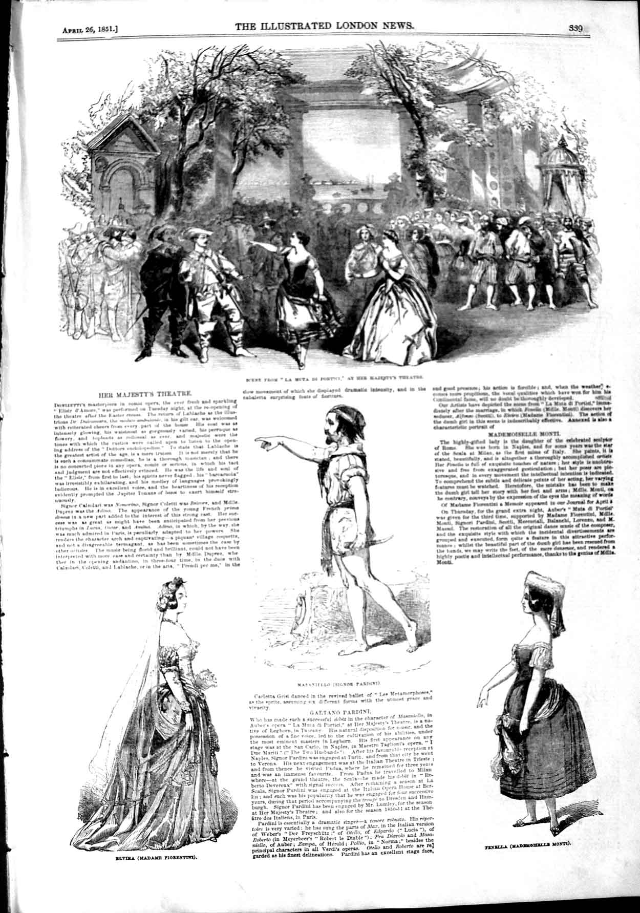 Old Antique Print 1851 Portici Majesty Theatre Masaniello Elvira Fenella 19th
