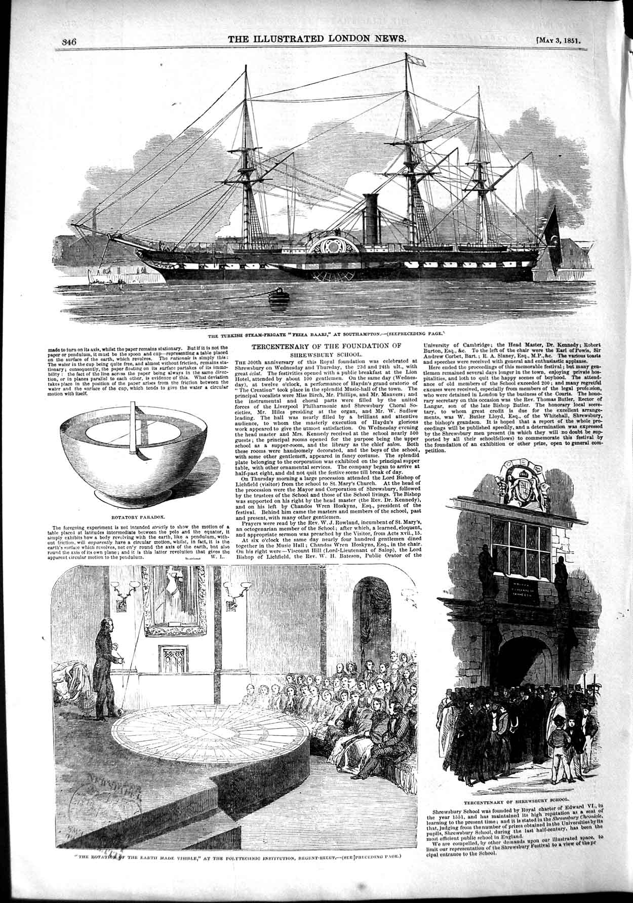 Old Antique Print 1851 Turkish Ship Feiza Barri Southampton School Earth 19th