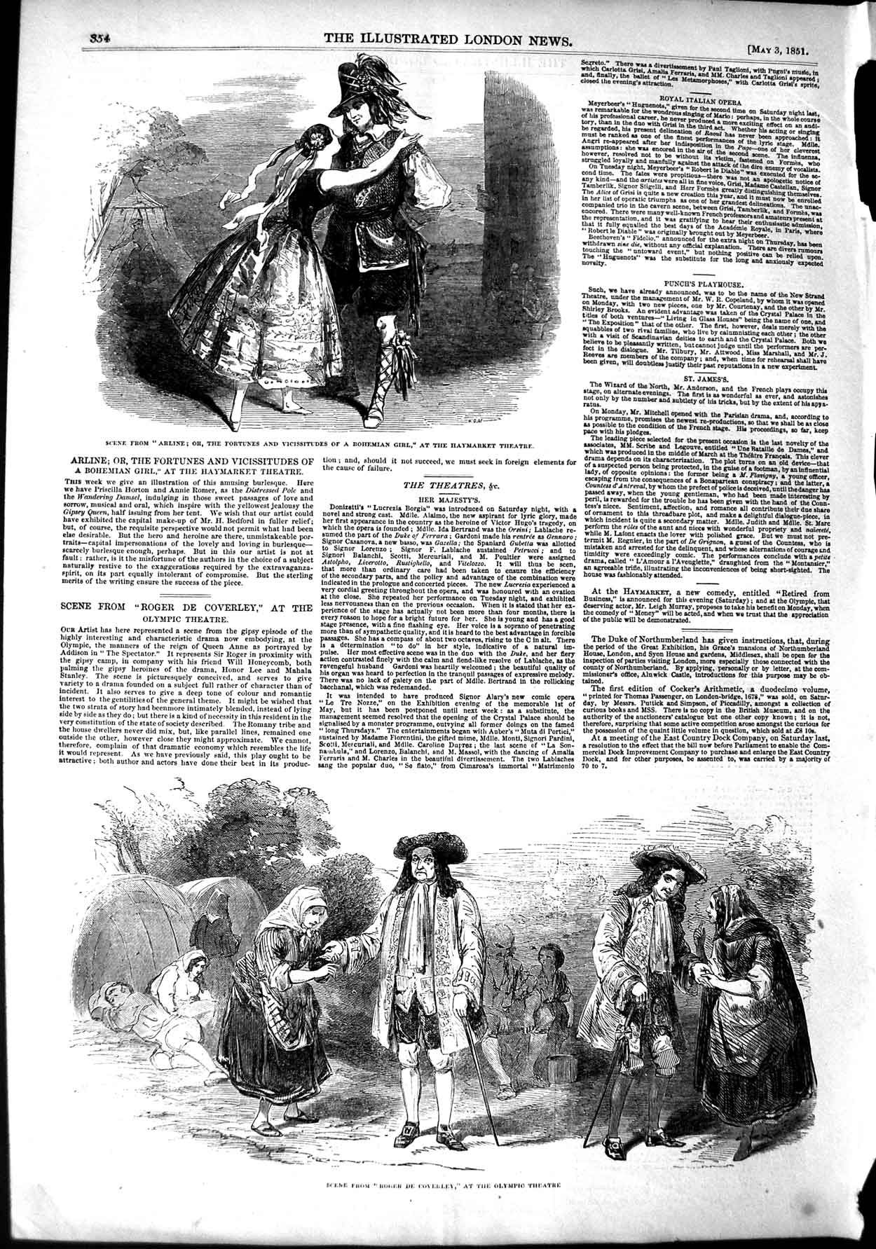 Original Old Antique Print 1851 Arline Haymarket Theatre Olympic Roger Coverley