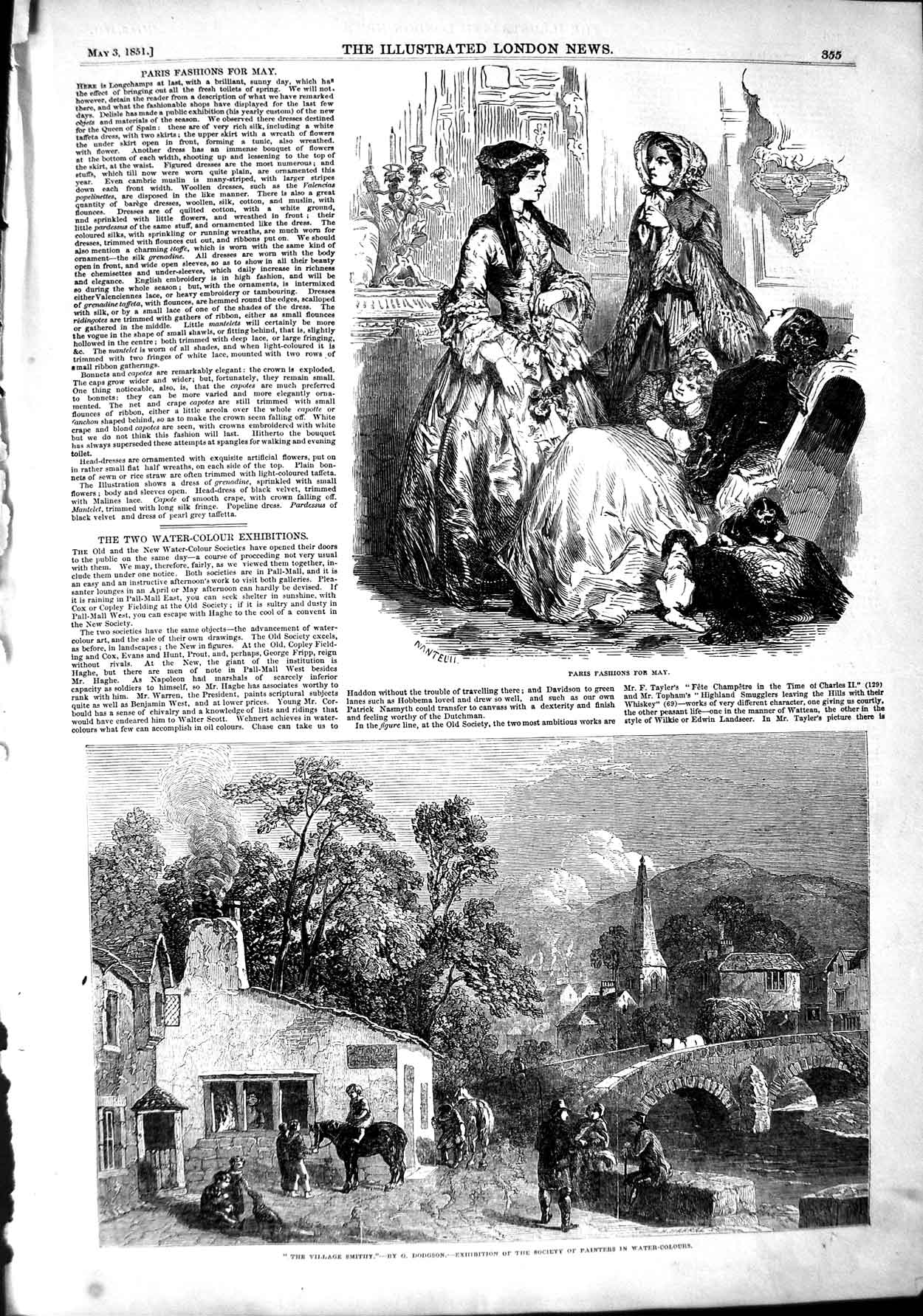 Original Old Antique Print 1851 Paris Fashion Village Smithy Street Scene River